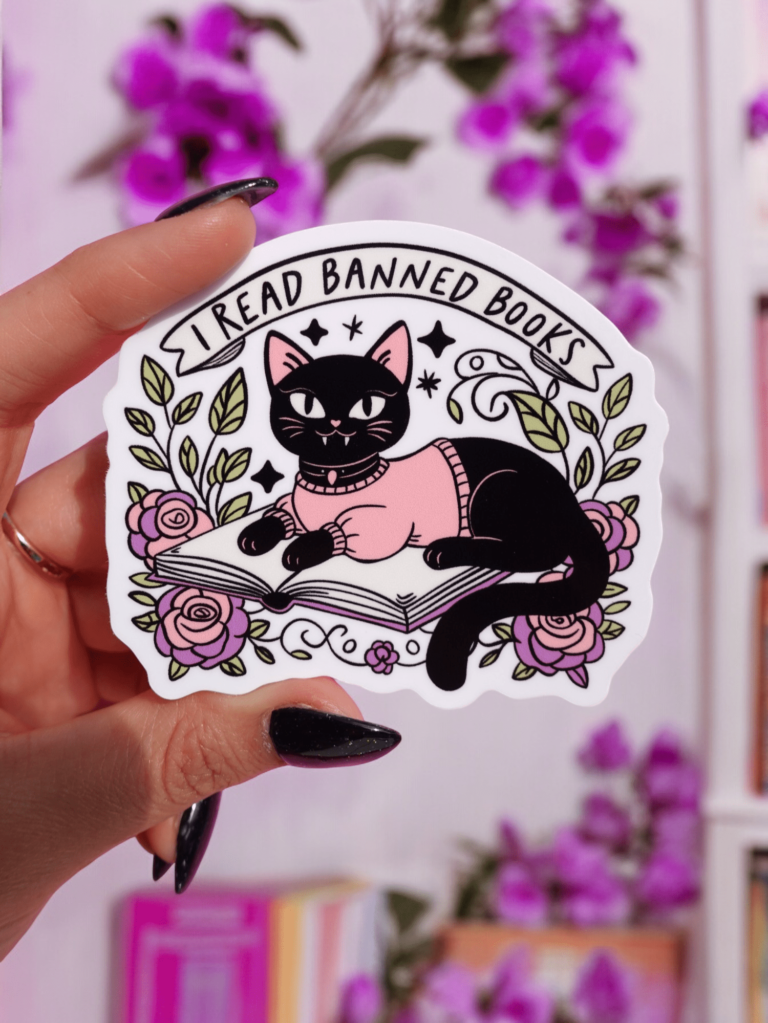 I Read Banned Books Sticker – Black Cat Reading Vinyl Decal – Feminist Book Lover Waterproof - UntamedEgo LLC.