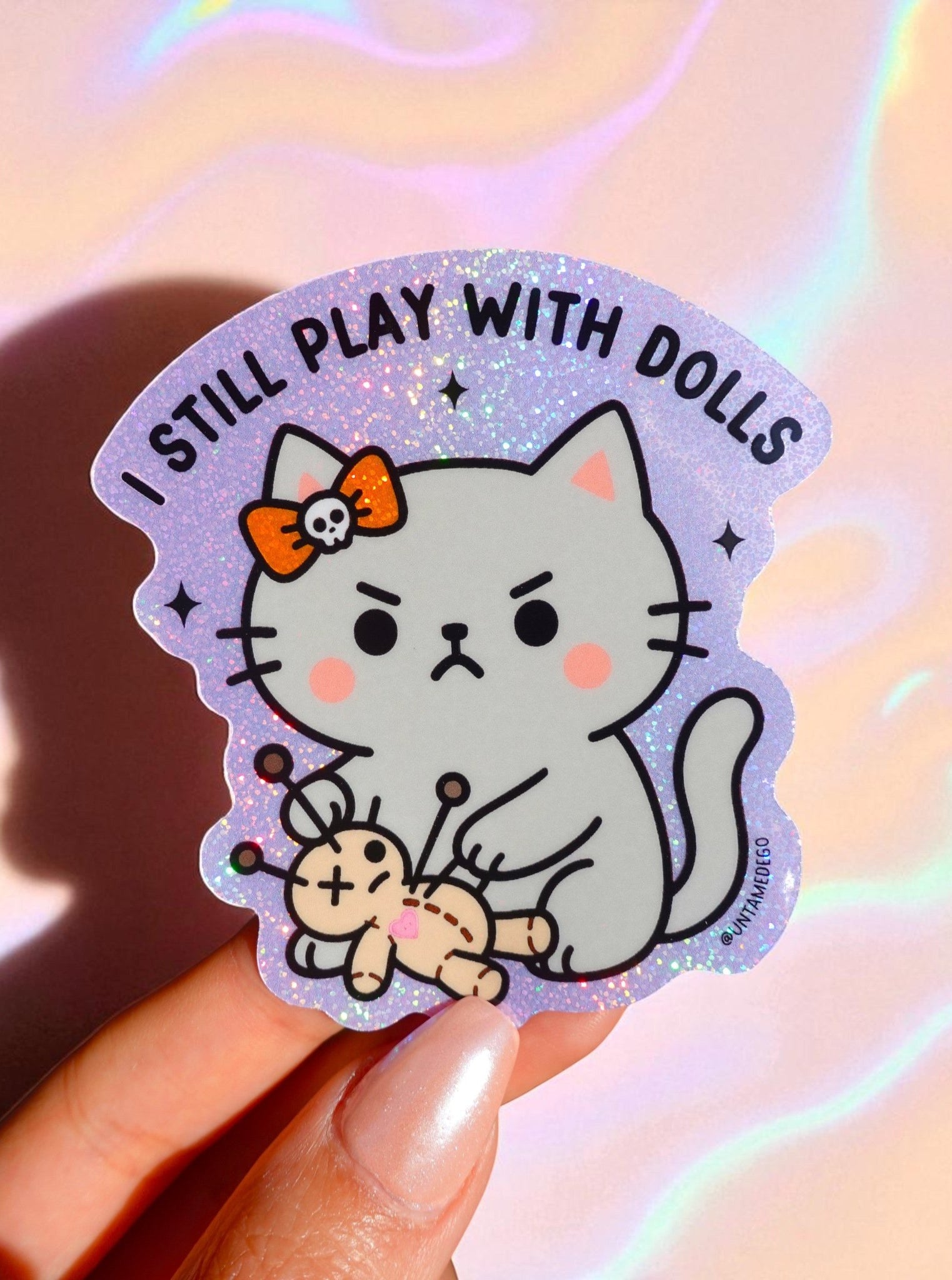 I Still Play With Dolls Cat Sticker – Angry Kitty - Cute Gothic Glitter Vinyl Sticker - UntamedEgo LLC.