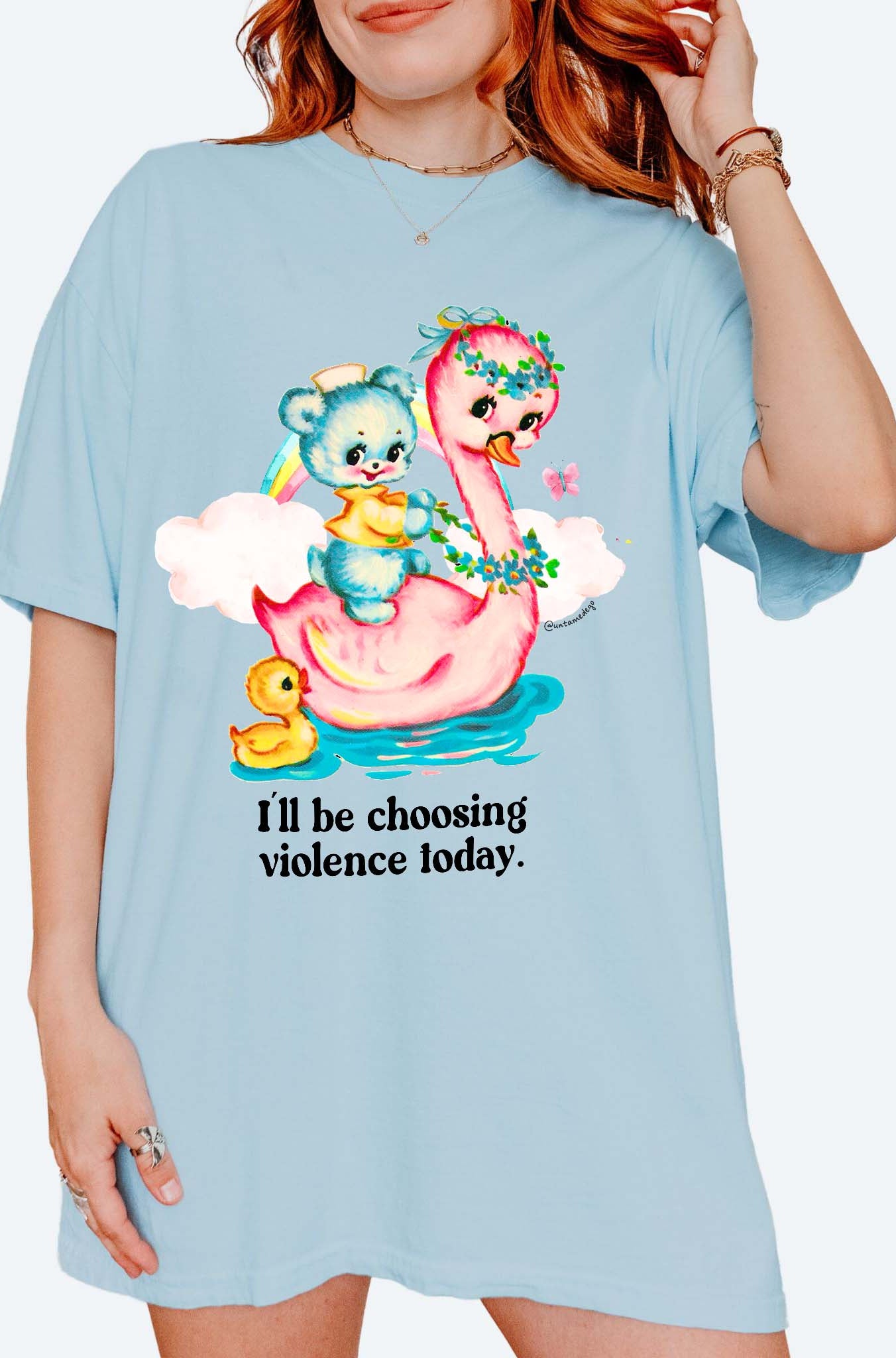 Funny graphic t-shirt with cute duck and swan illustration and text saying I’ll be choosing violence today