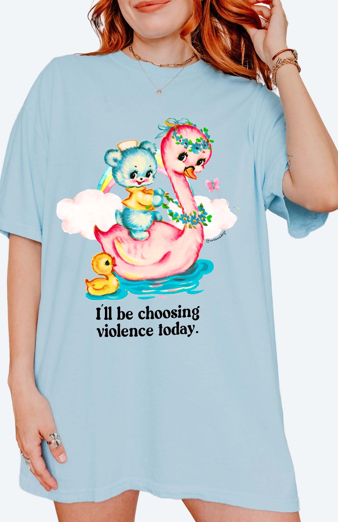 Funny graphic t-shirt with cute duck and swan illustration and text saying I’ll be choosing violence today
