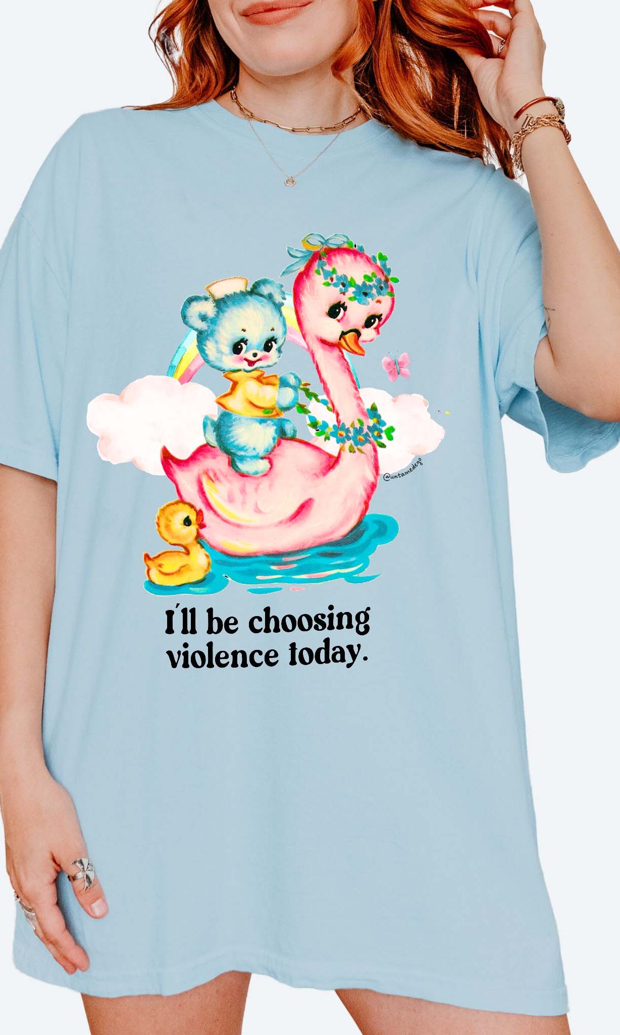 Funny graphic t-shirt with cute duck and swan illustration and text saying I’ll be choosing violence today