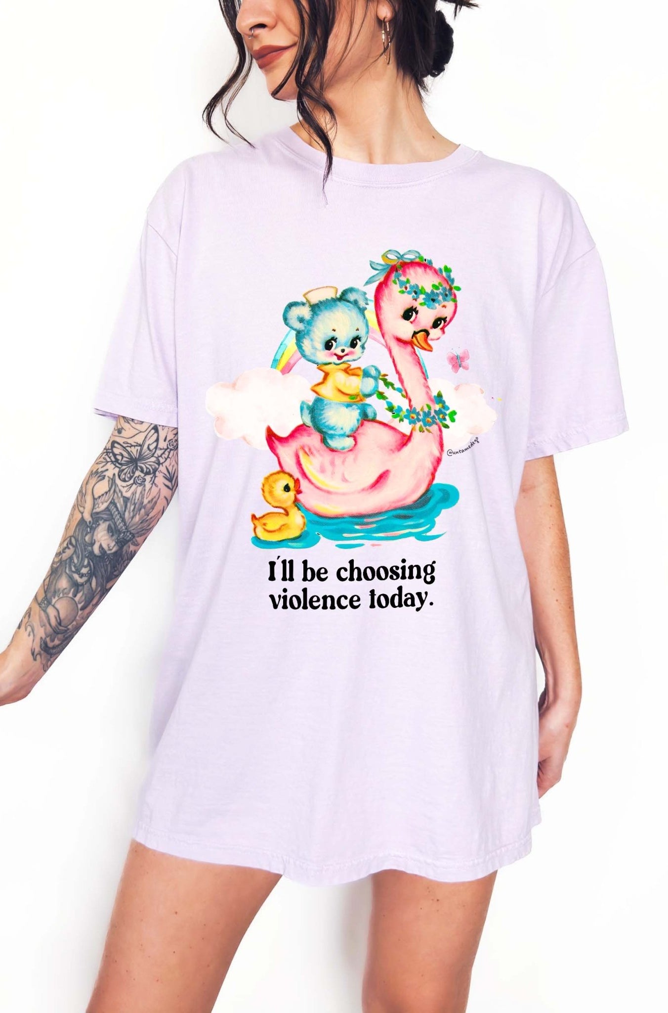 Funny graphic t-shirt with cute duck and swan illustration and text saying I’ll be choosing violence today