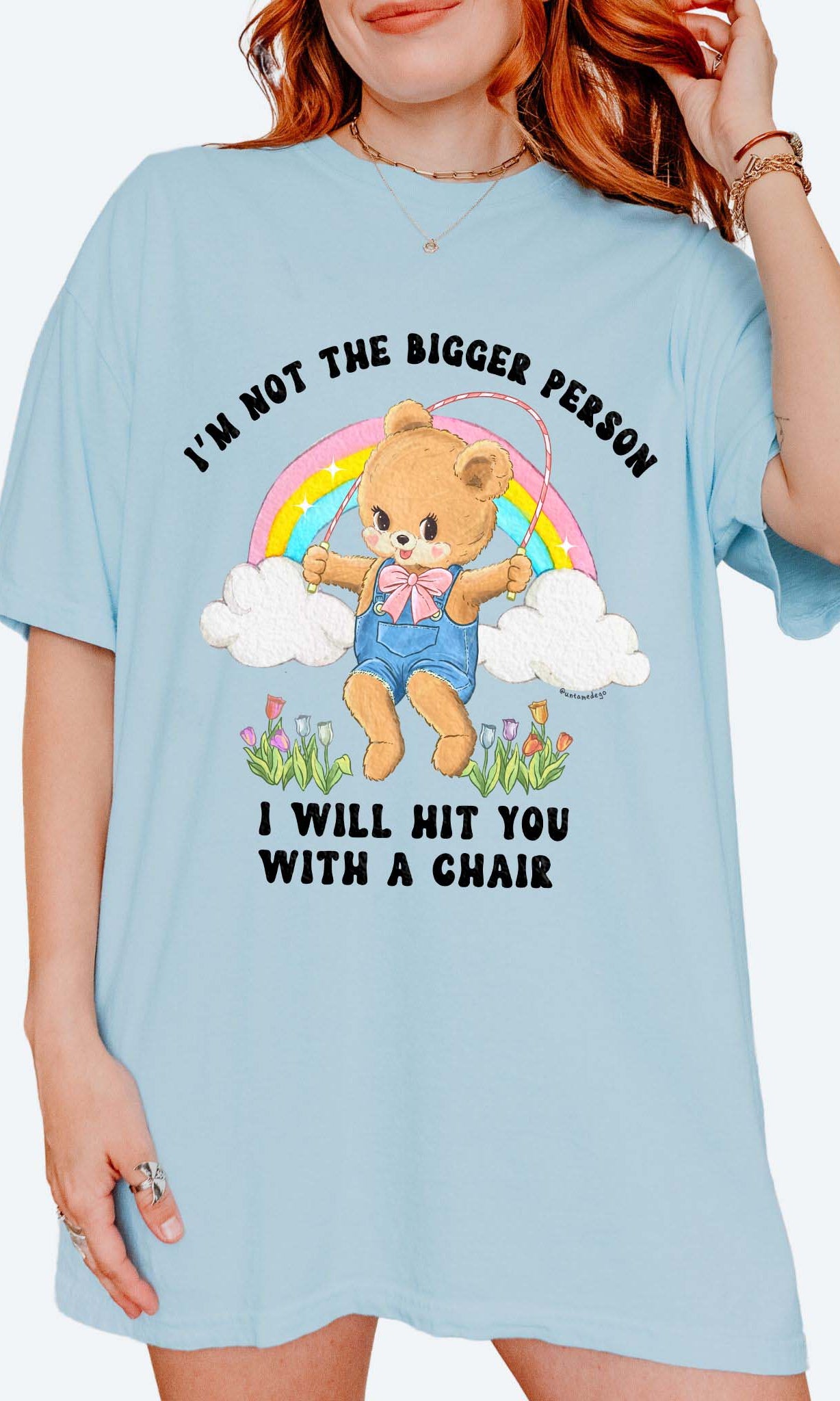 Funny graphic t-shirt with cute bear holding jump rope and bold text about not being the bigger person