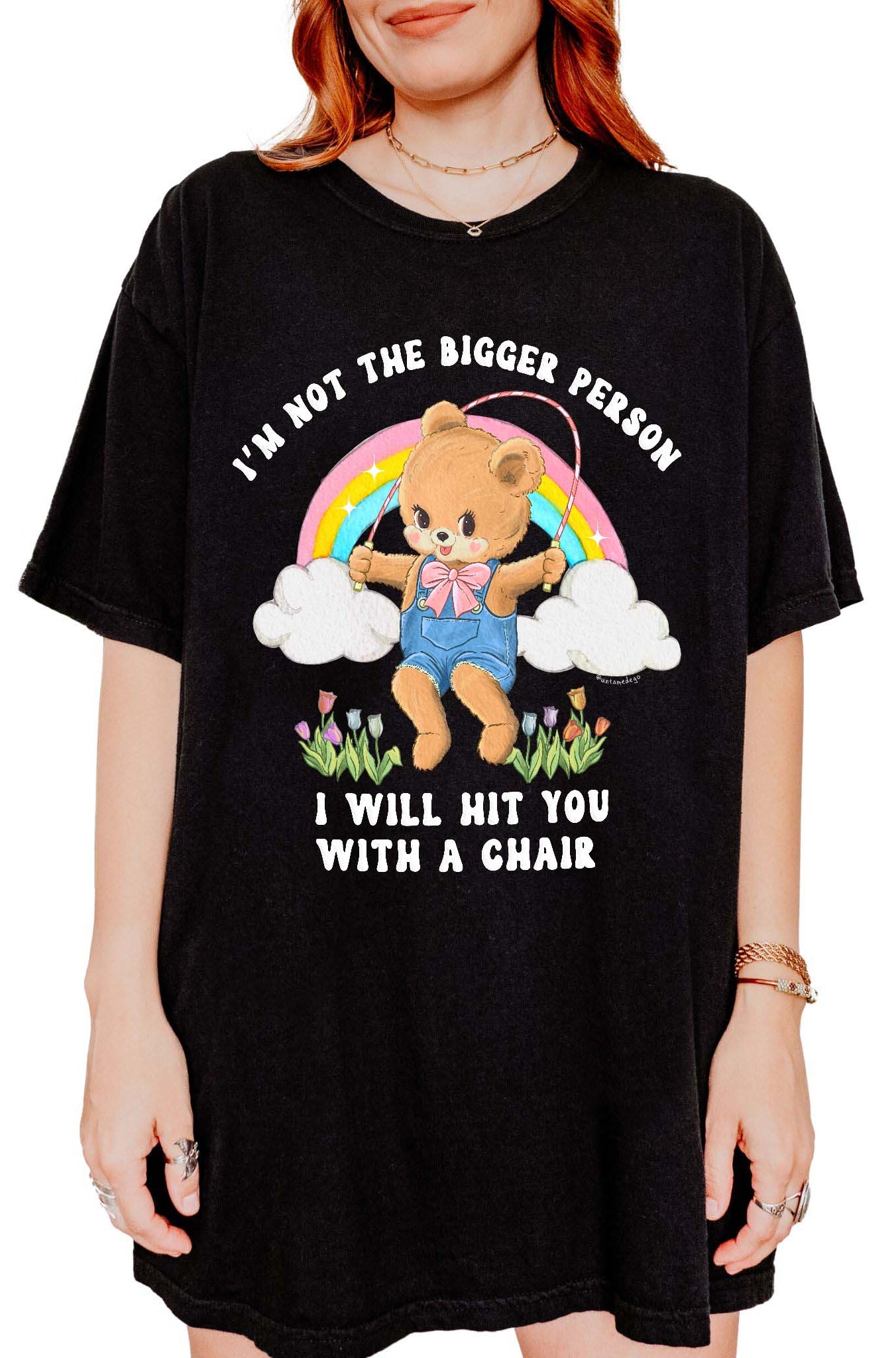 Funny graphic t-shirt with cute bear holding jump rope and bold text about not being the bigger person