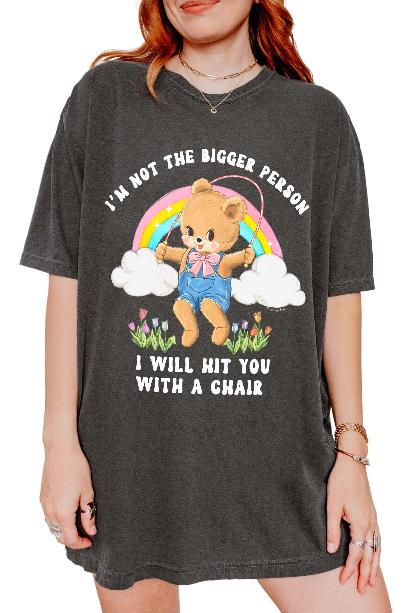 Funny graphic t-shirt with cute bear holding jump rope and bold text about not being the bigger person