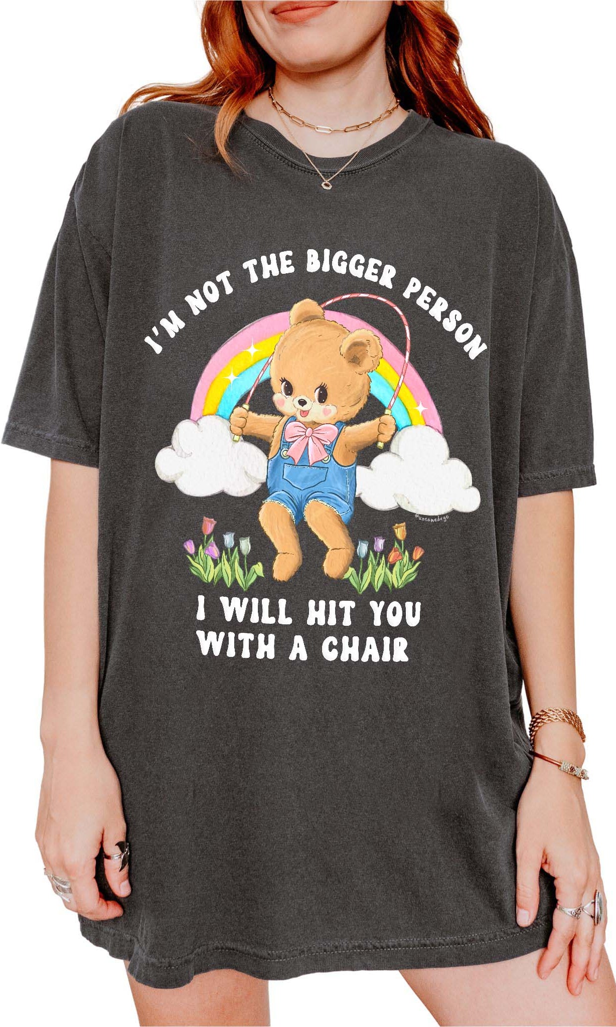 Funny graphic t-shirt with cute bear holding jump rope and bold text about not being the bigger person