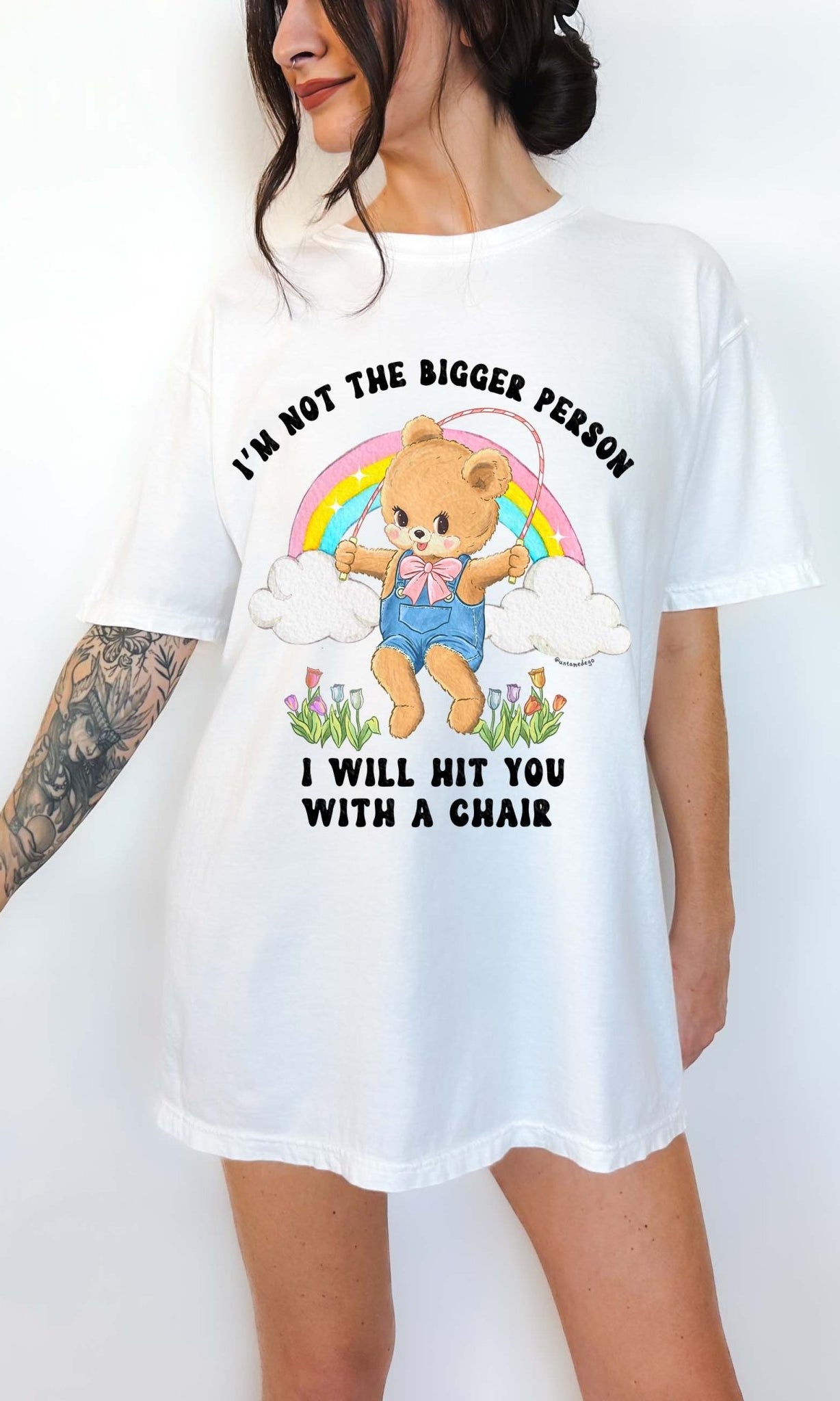 Funny graphic t-shirt with cute bear holding jump rope and bold text about not being the bigger person
