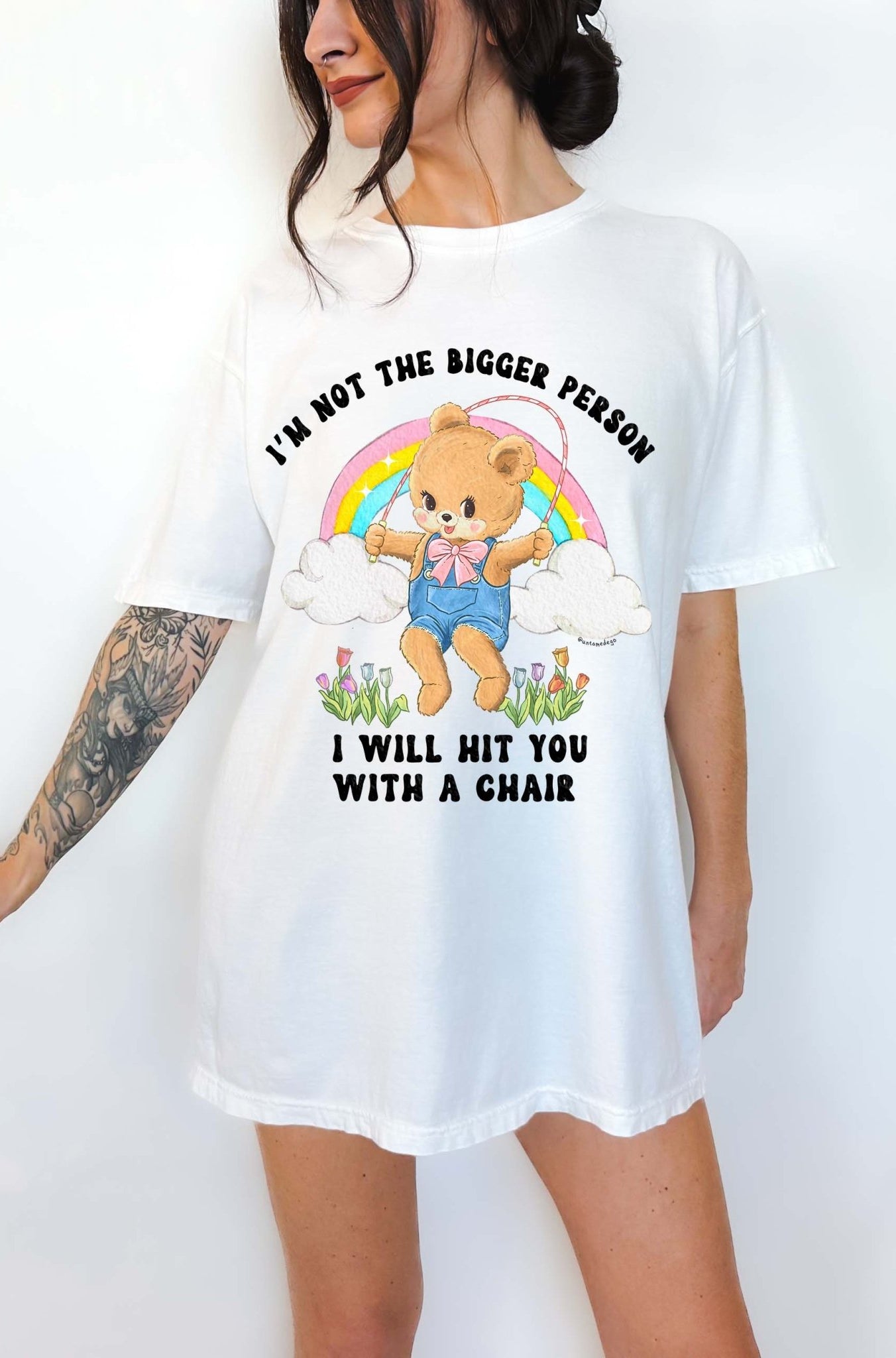 Funny graphic t-shirt with cute bear holding jump rope and bold text about not being the bigger person