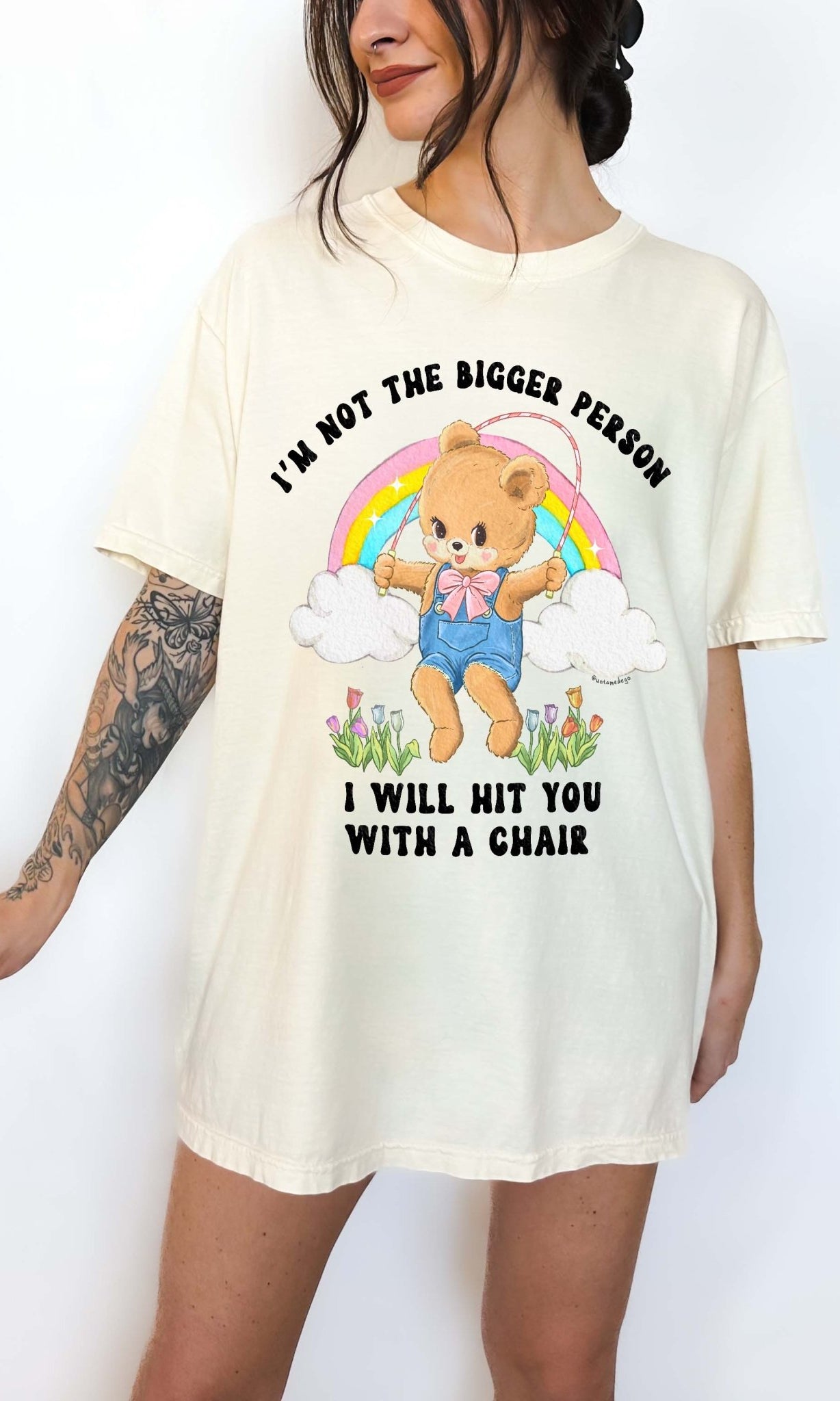 Funny graphic t-shirt with cute bear holding jump rope and bold text about not being the bigger person