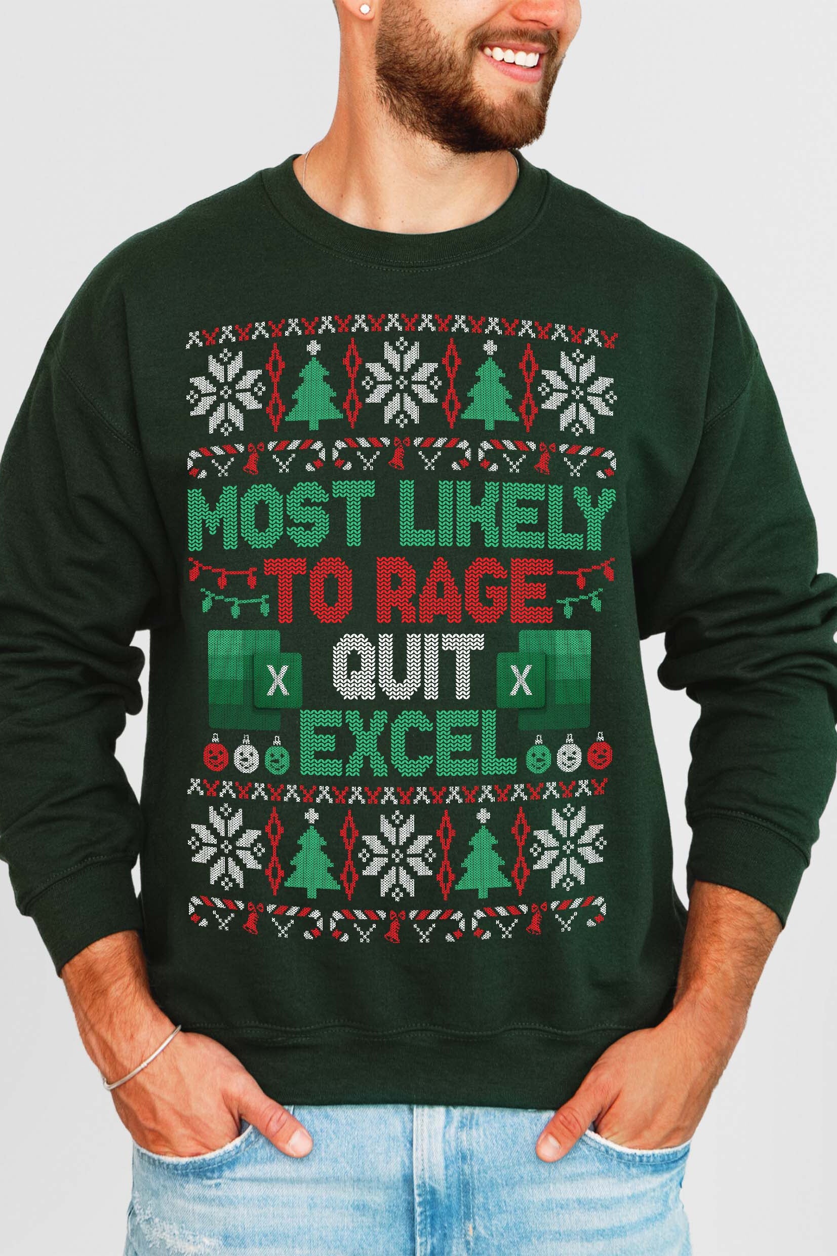 Person wearing a green sweater with Christmas-themed text and graphics on a plain background