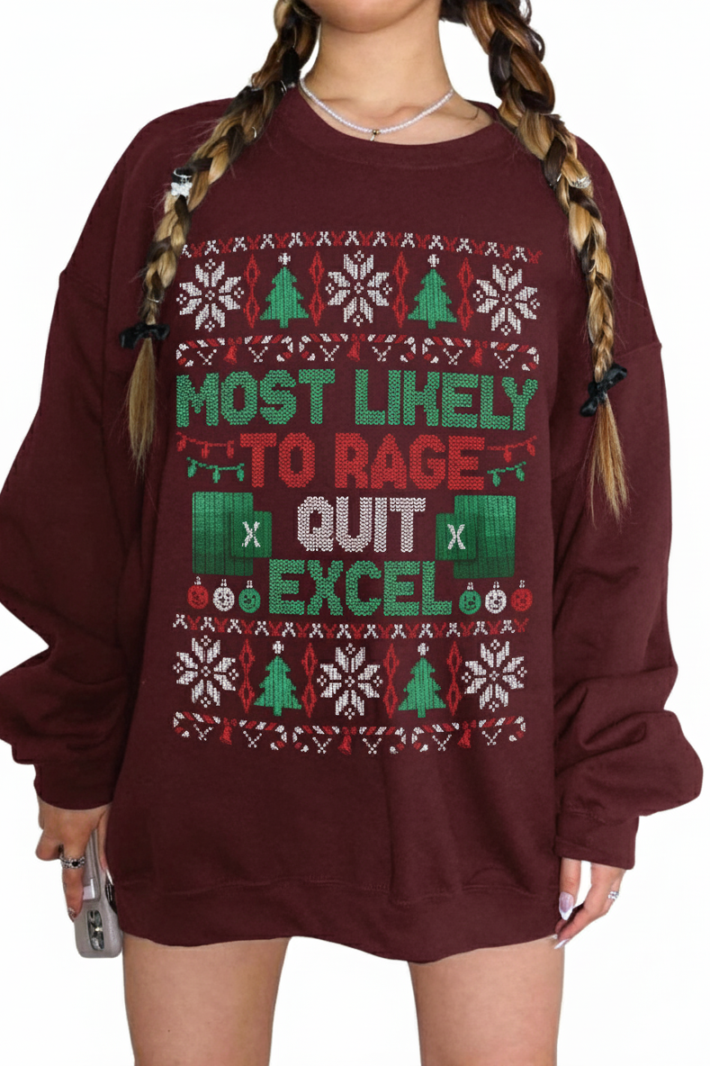 Maroon sweatshirt with Christmas-themed text and graphics on a white background
