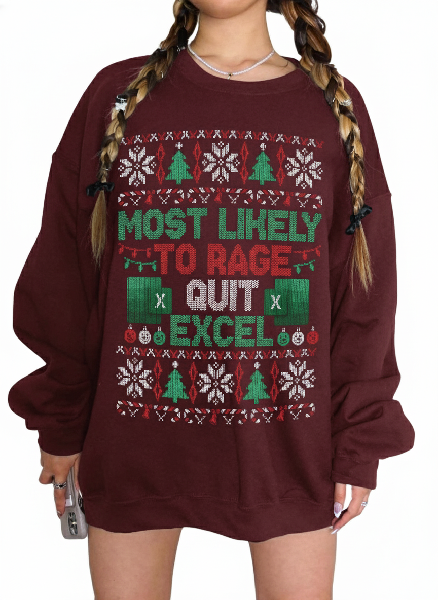 Maroon sweatshirt with Christmas-themed text and graphics on a white background