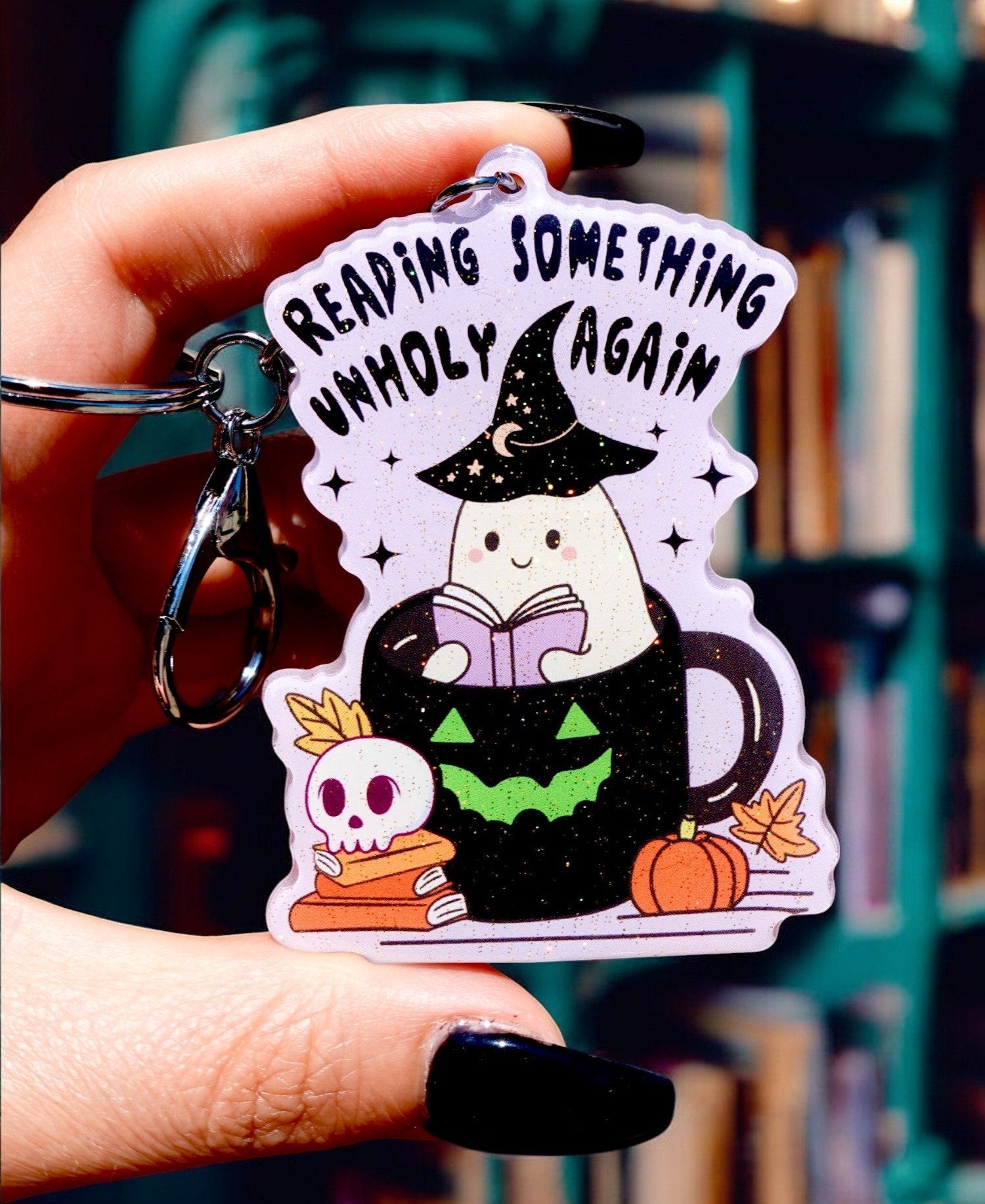 Reading Something Unholy Again Halloween Keychain - UntamedEgo LLC.