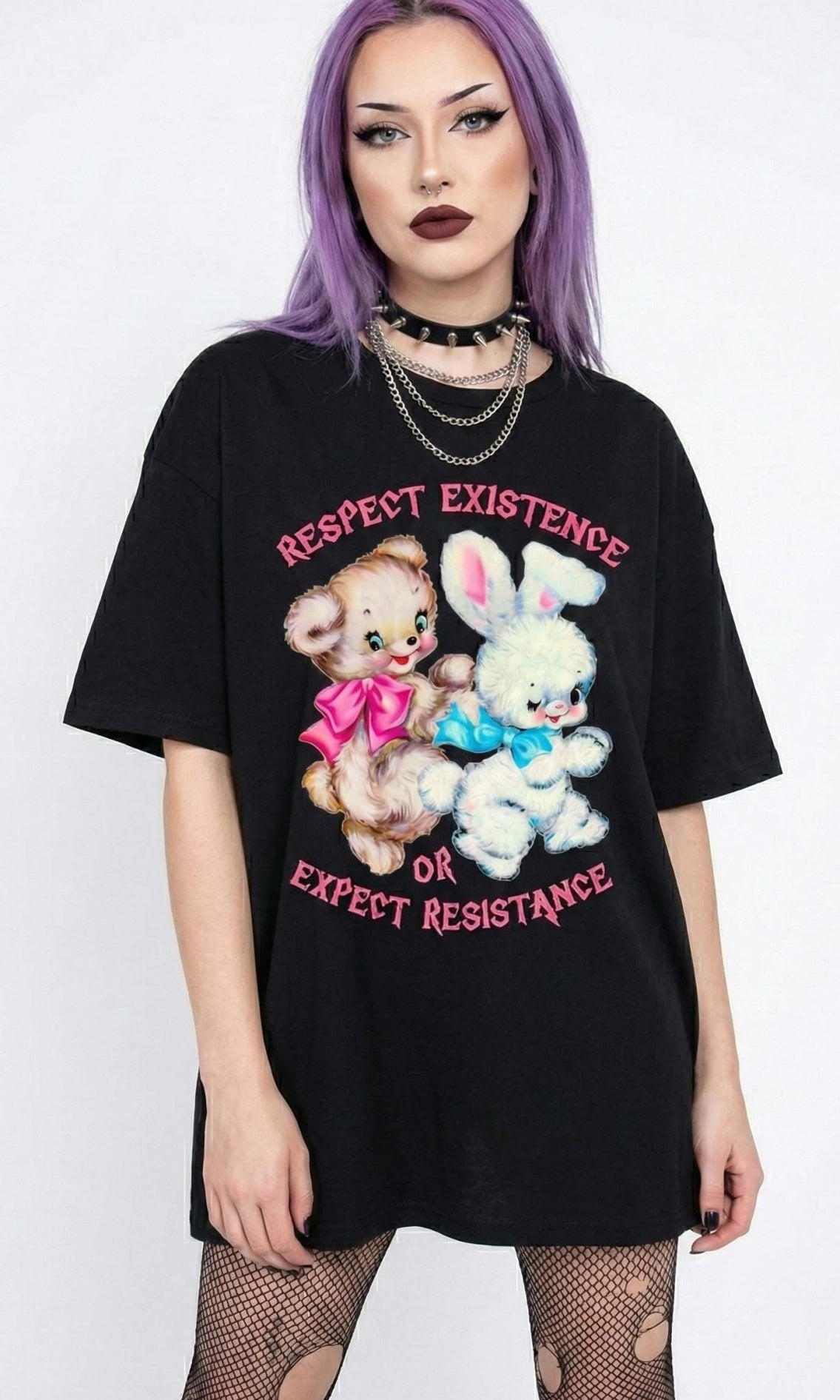 Protest graphic t-shirt with vintage teddy bear and bunny design and text saying respect existence or expect resistance