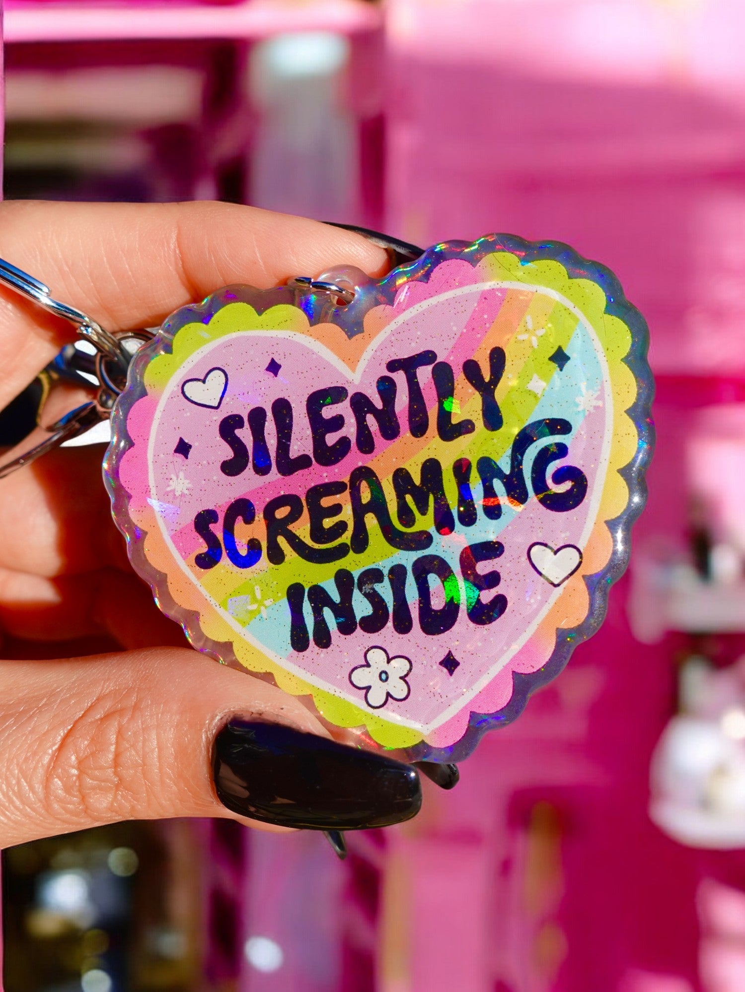 Silently Screaming Inside Holographic Heart Holographic Keychain - UntamedEgo LLC.