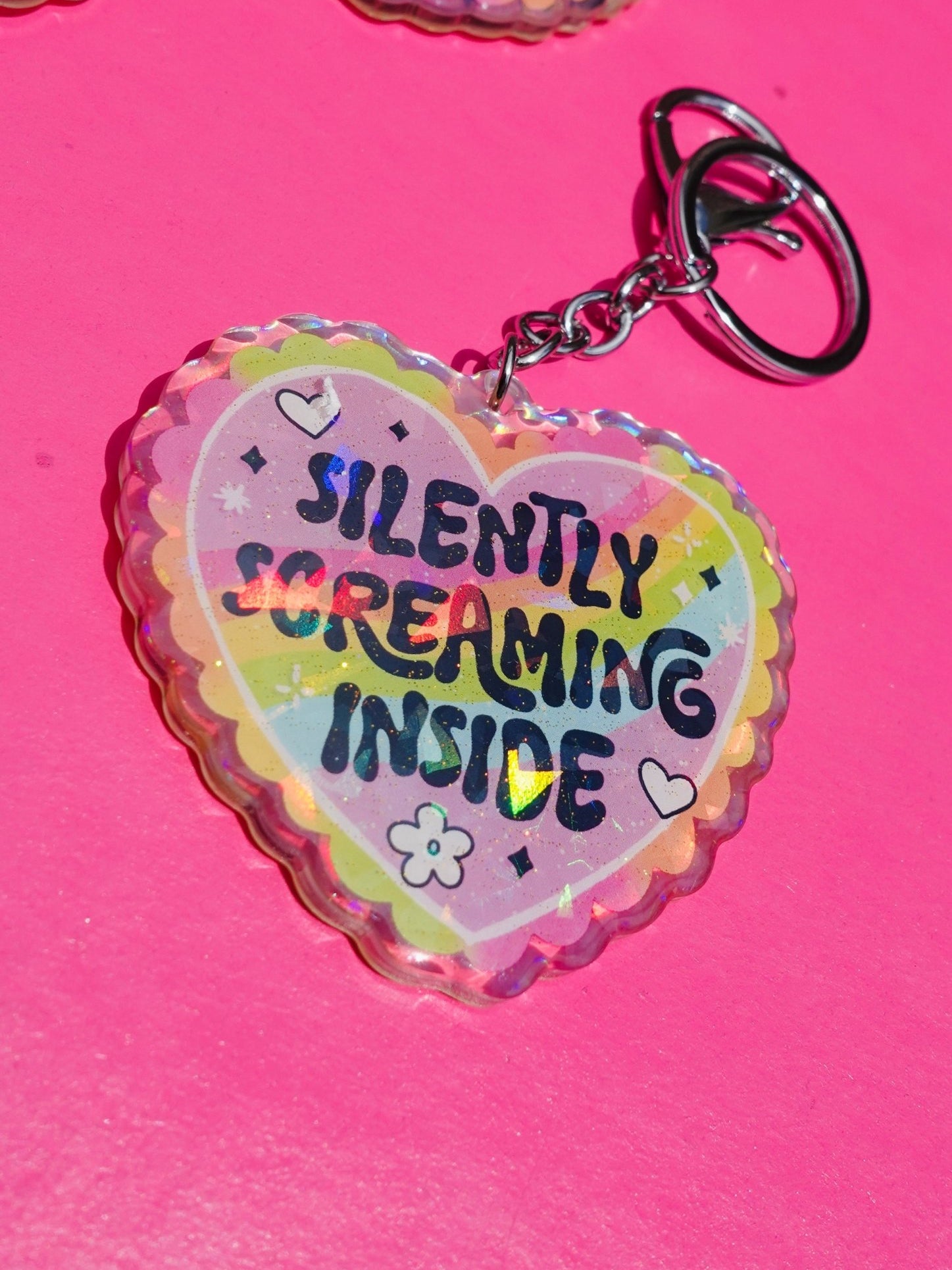 Silently Screaming Inside Holographic Heart Holographic Keychain - UntamedEgo LLC.