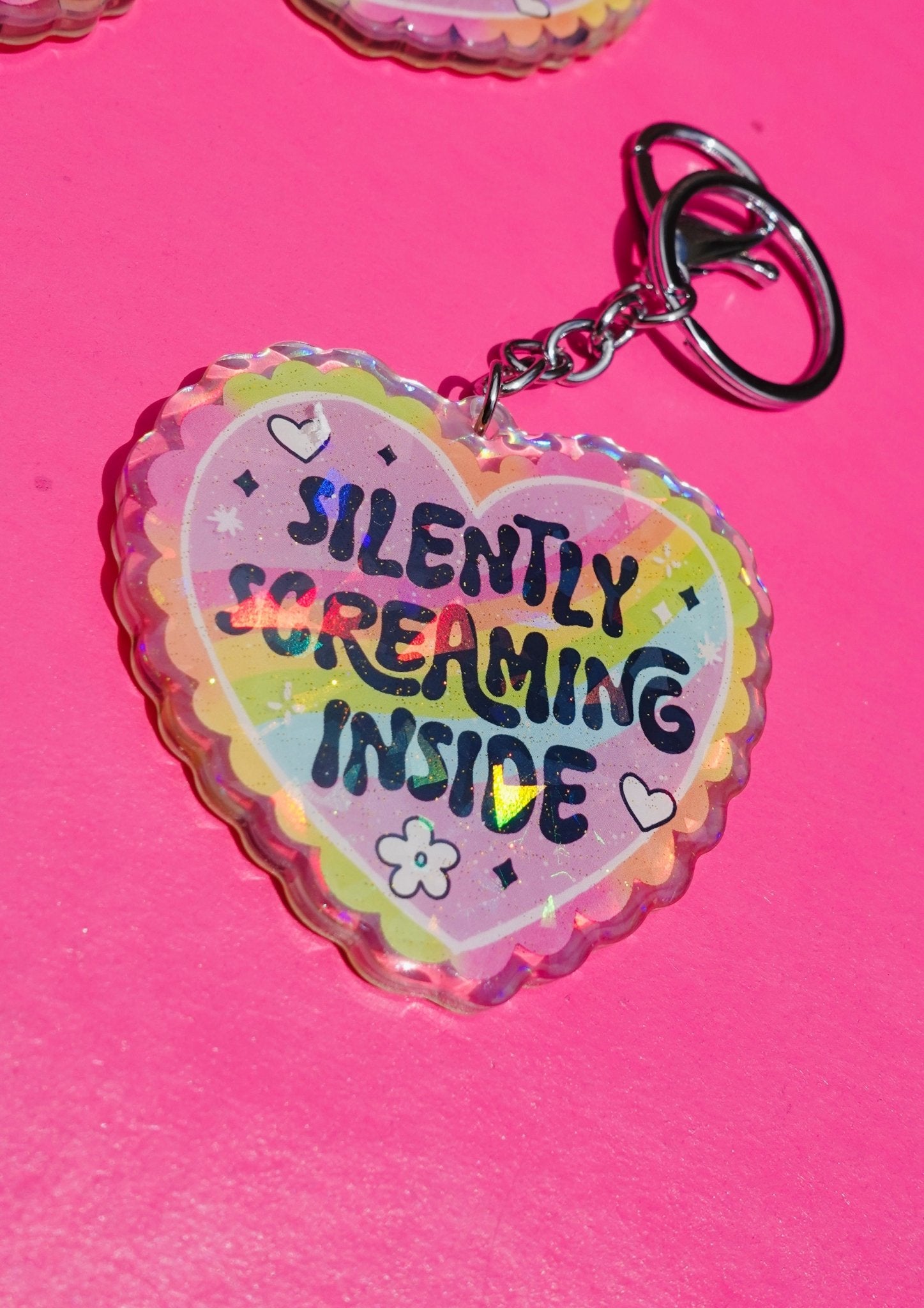 Silently Screaming Inside Holographic Heart Holographic Keychain - UntamedEgo LLC.
