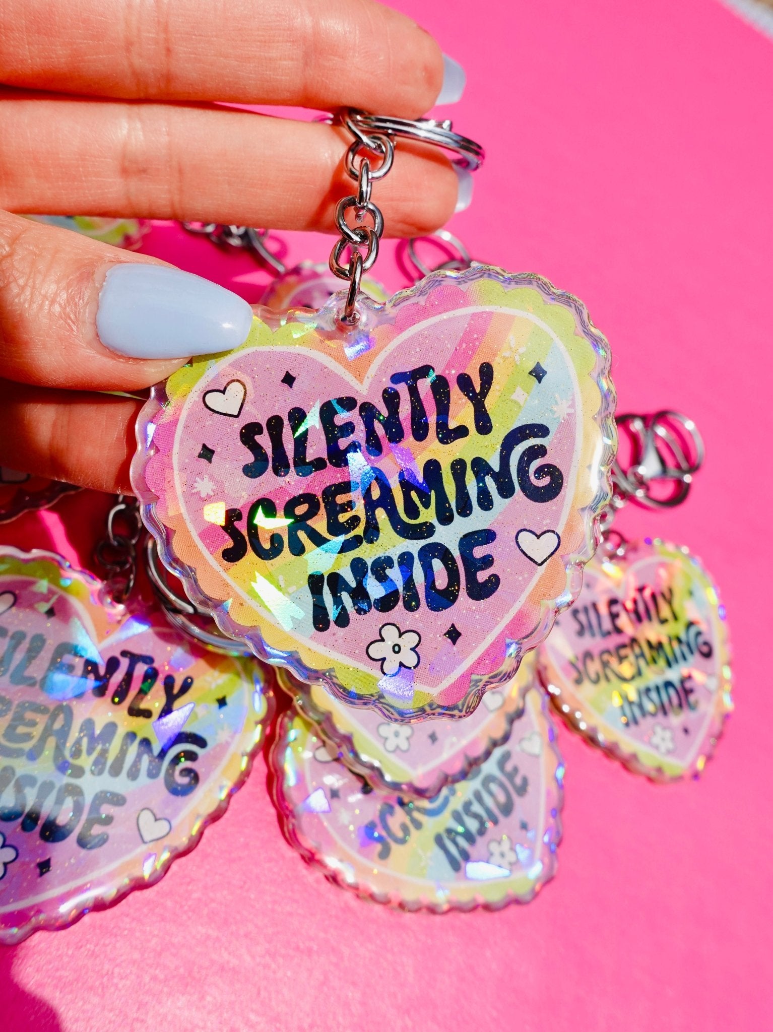 Silently Screaming Inside Holographic Heart Holographic Keychain - UntamedEgo LLC.