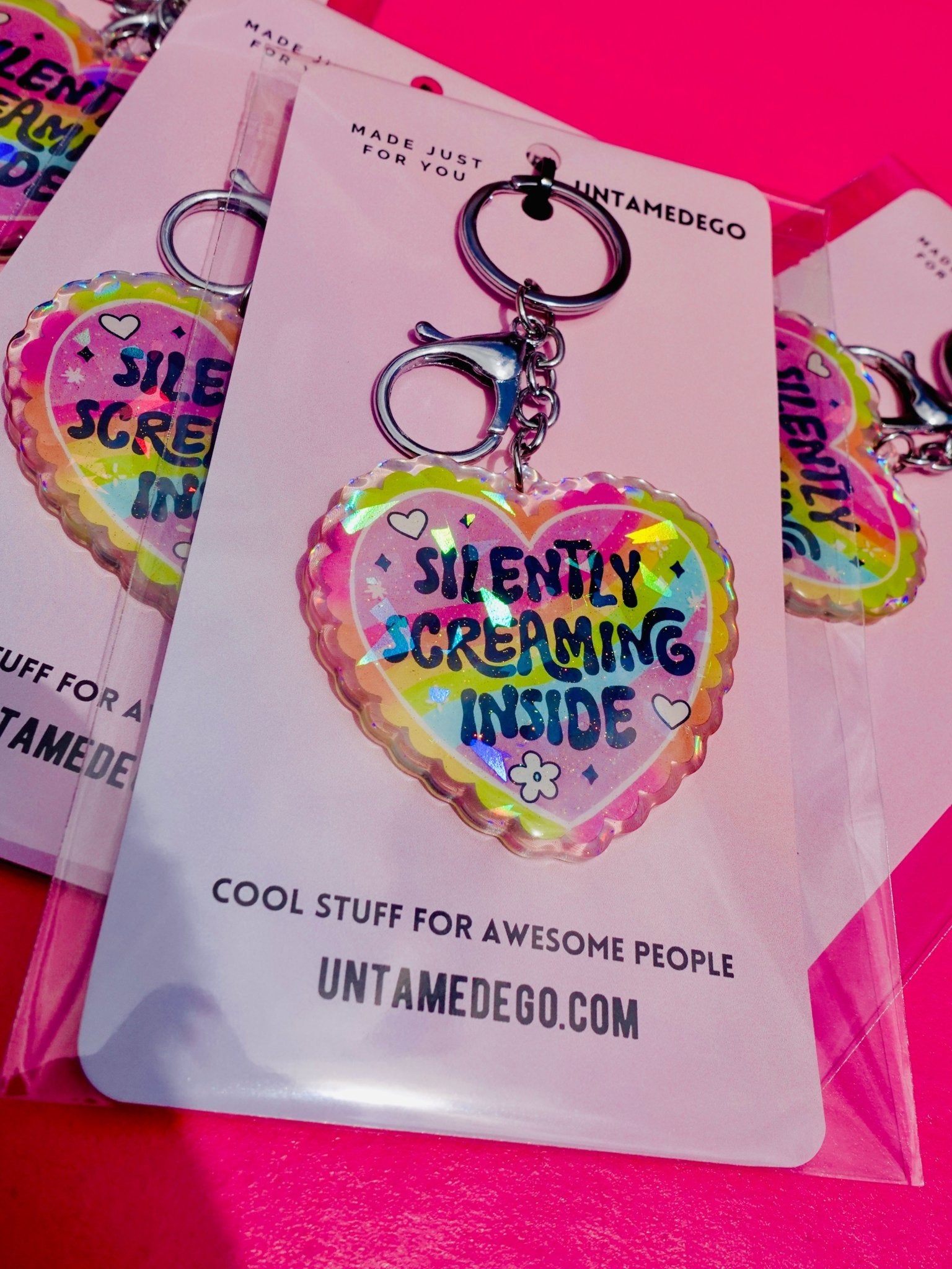 Silently Screaming Inside Holographic Heart Holographic Keychain - UntamedEgo LLC.