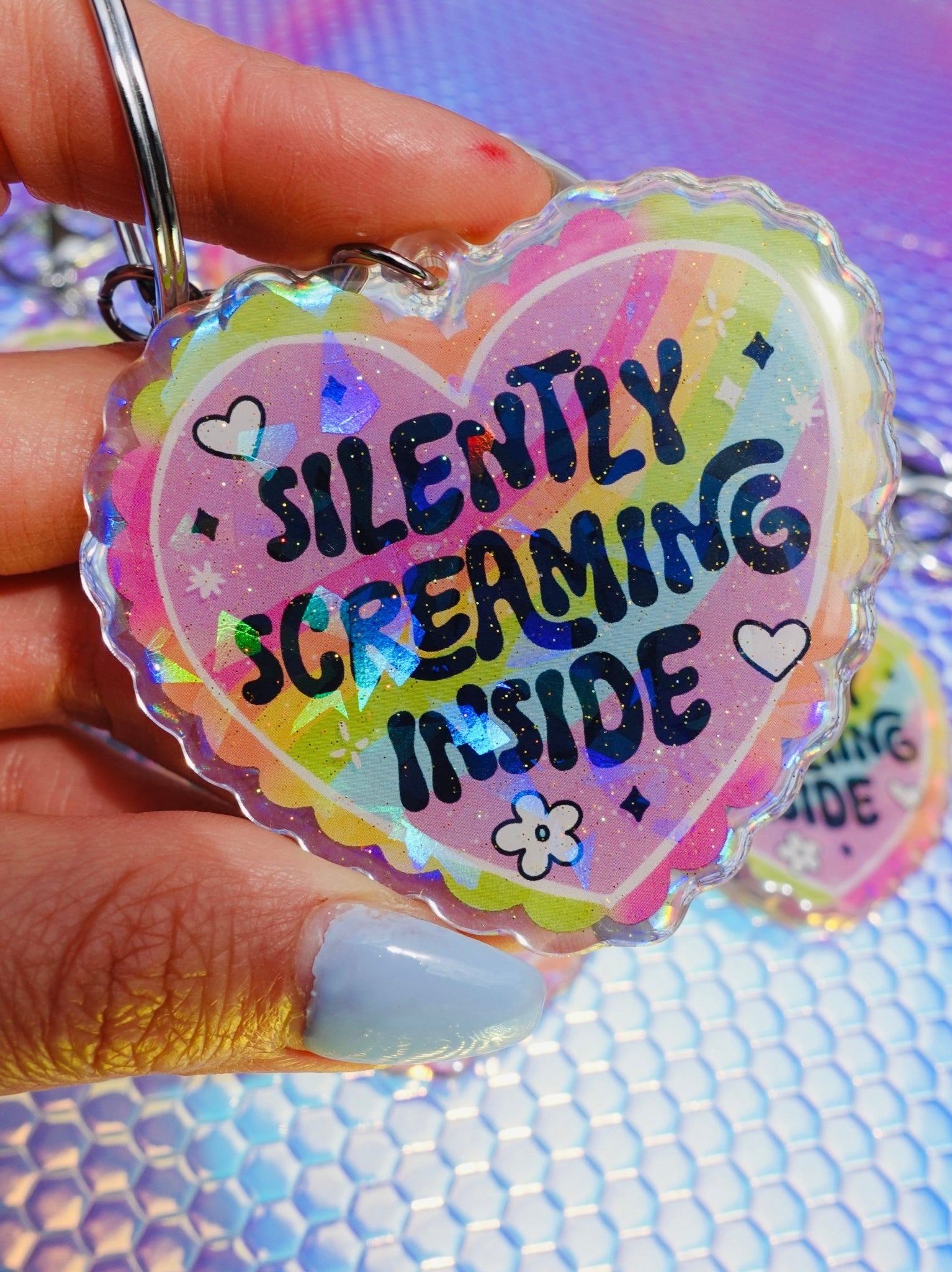 Silently Screaming Inside Holographic Heart Holographic Keychain - UntamedEgo LLC.