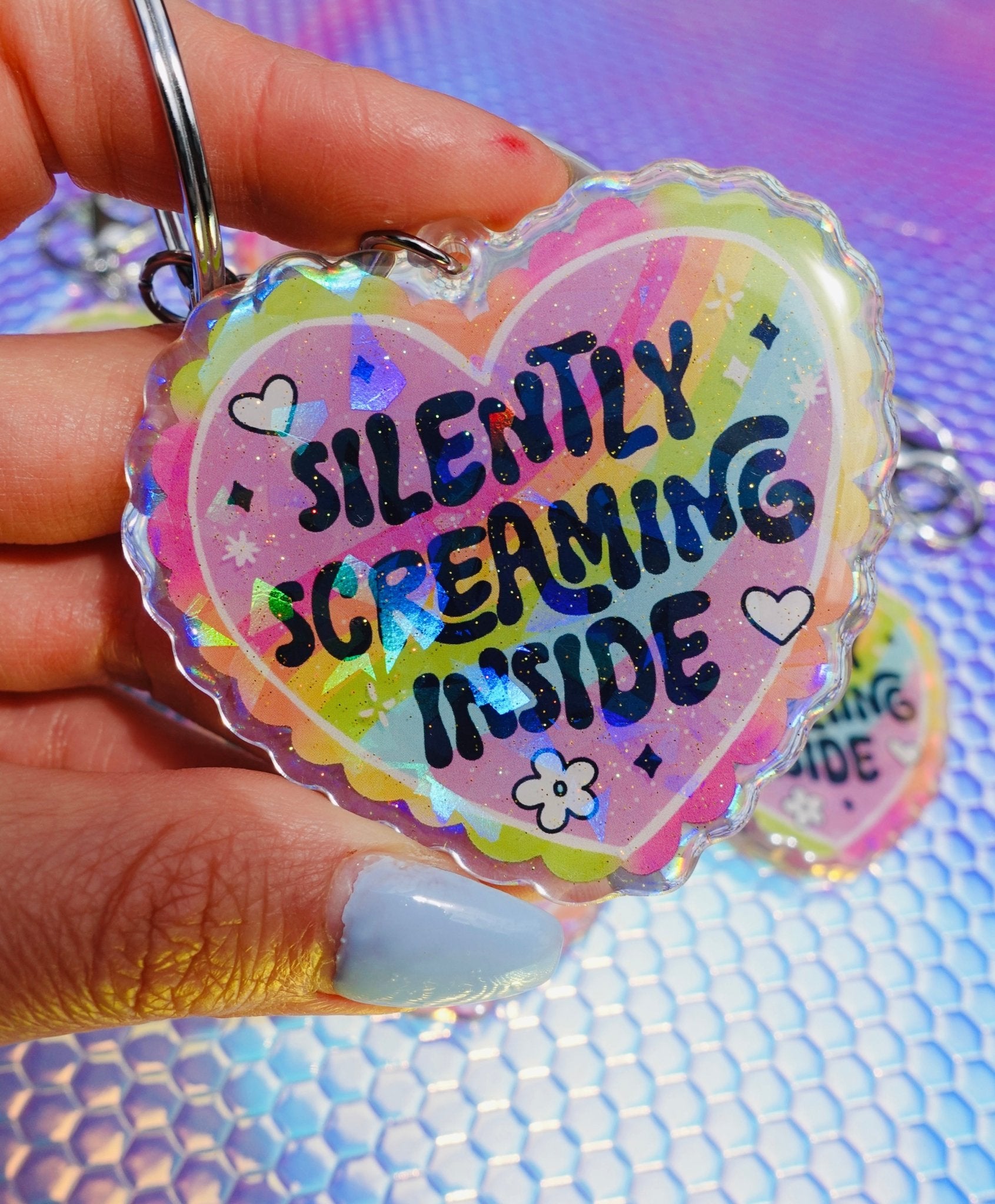 Silently Screaming Inside Holographic Heart Holographic Keychain - UntamedEgo LLC.