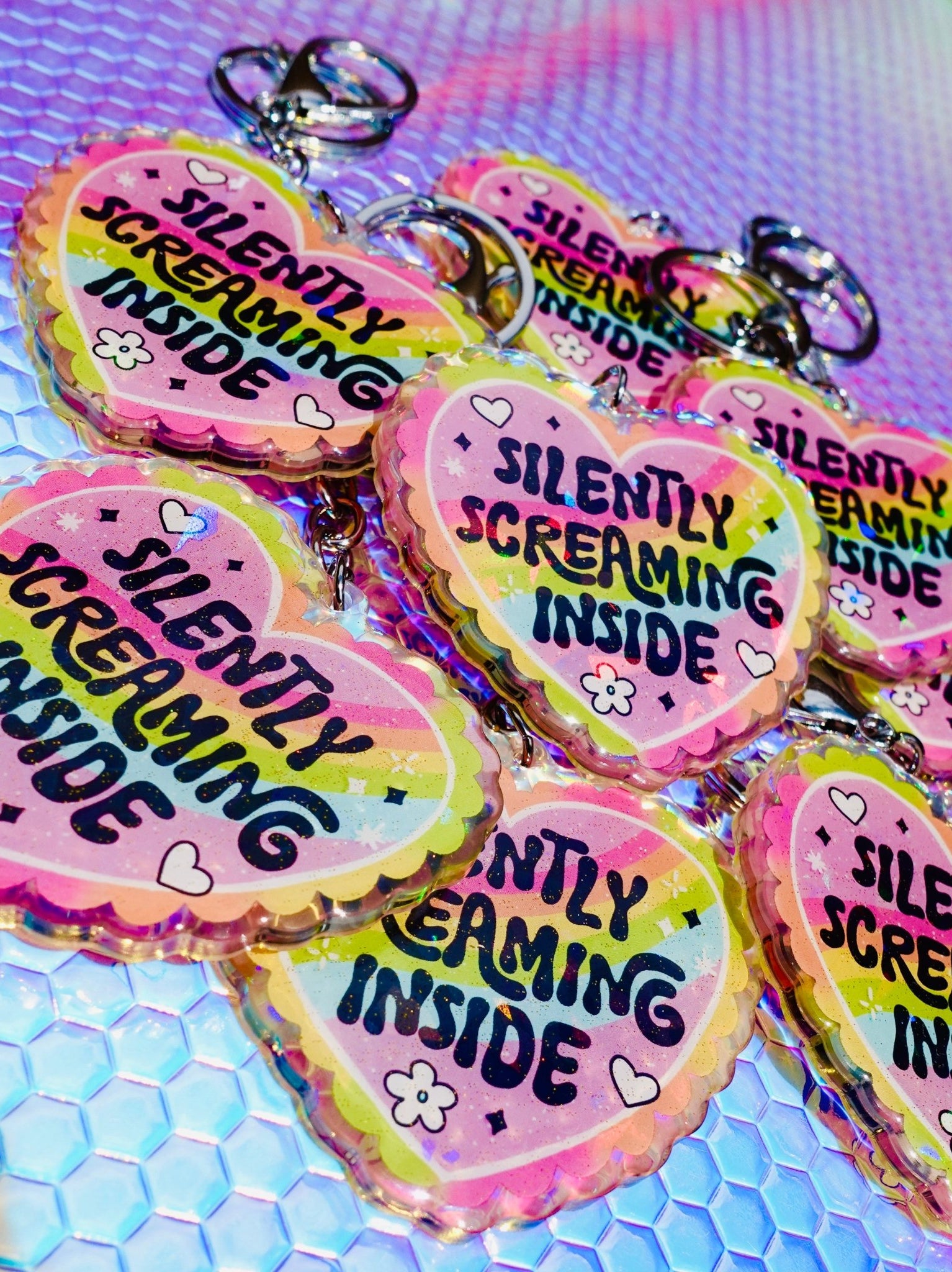 Silently Screaming Inside Holographic Heart Holographic Keychain - UntamedEgo LLC.