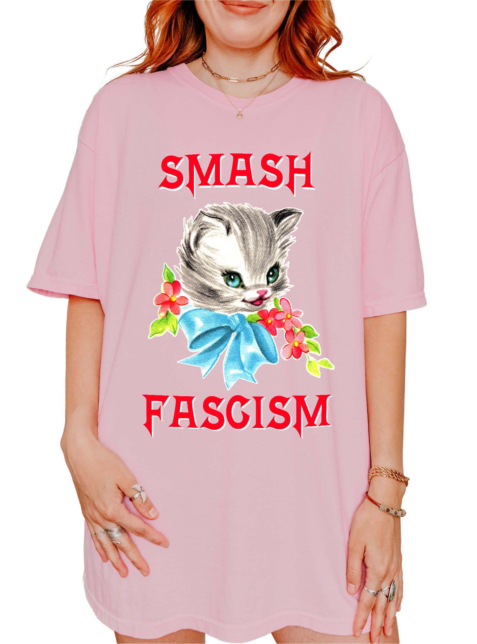 Graphic t-shirt with cute cat illustration and bold protest text reading smash fascism