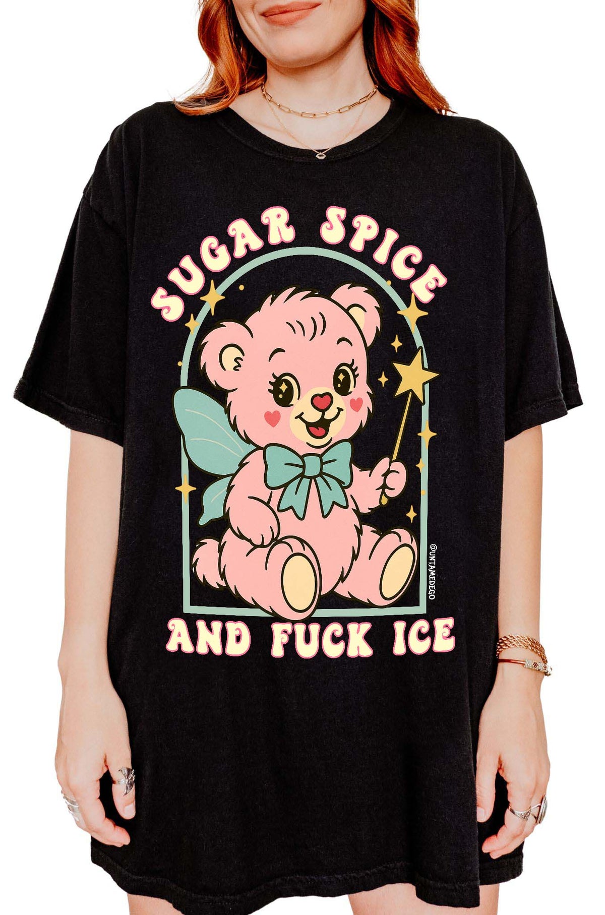 Graphic t-shirt with cute bear illustration and bold protest text reading sugar spice and fuck ICE
