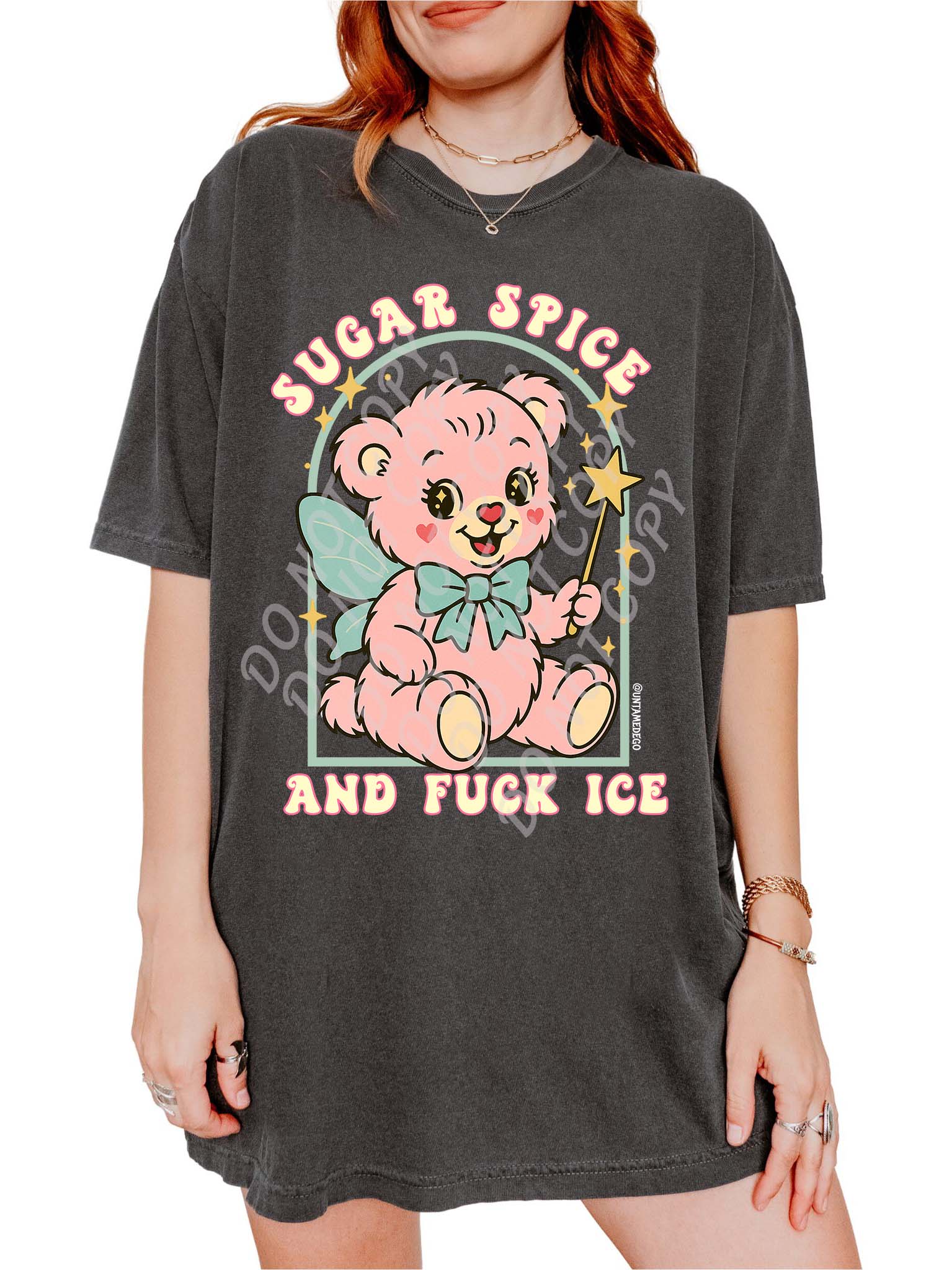 Graphic t-shirt with cute bear illustration and bold protest text reading sugar spice and fuck ICE