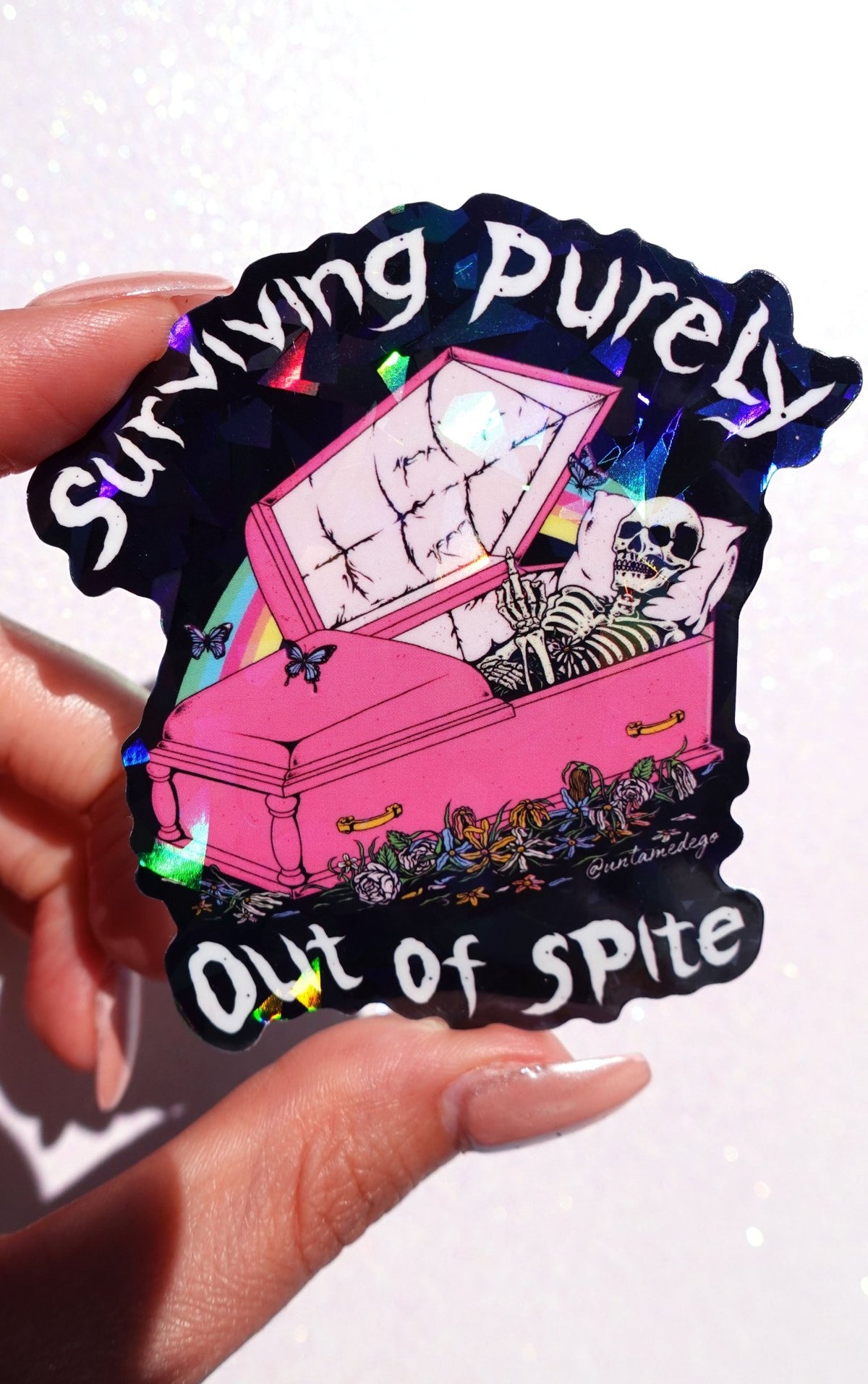 Surviving Purely Out of Spite Sticker – Funny Gothic Glitter Vinyl Sticker - UntamedEgo LLC.