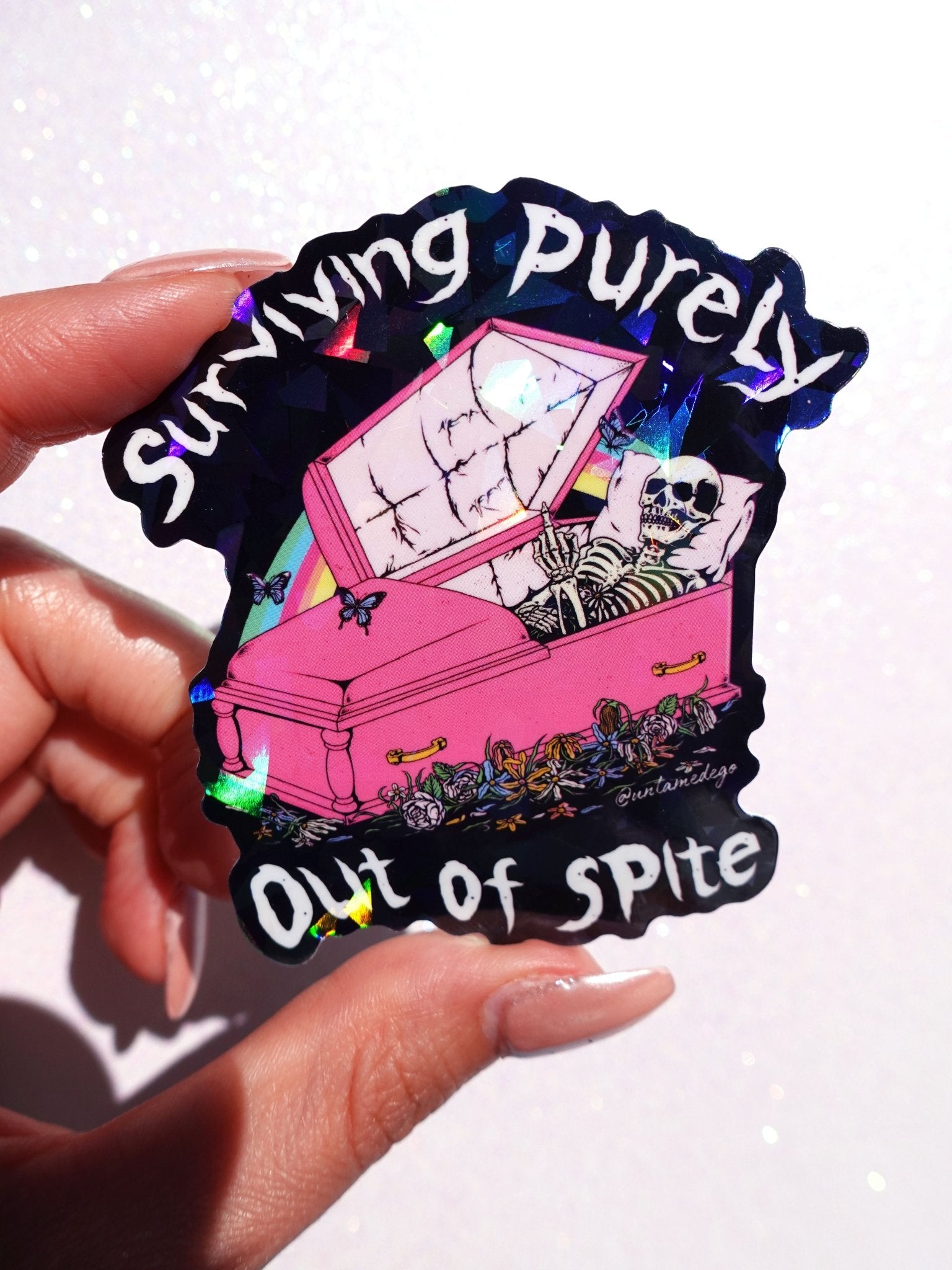 Surviving Purely Out of Spite Sticker – Funny Gothic Glitter Vinyl Sticker - UntamedEgo LLC.