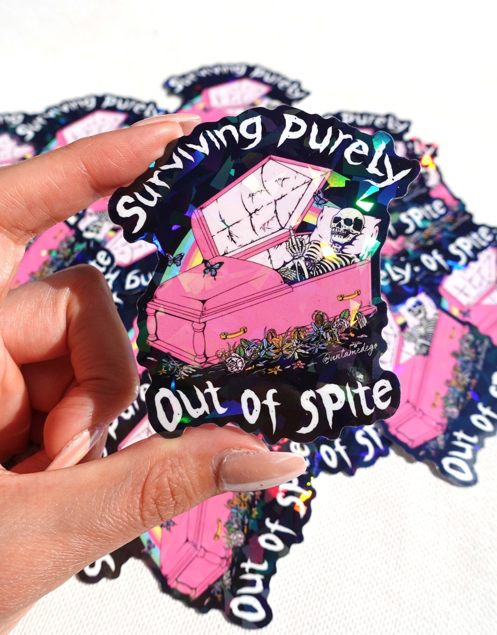 Surviving Purely Out of Spite Sticker – Funny Gothic Glitter Vinyl Sticker - UntamedEgo LLC.