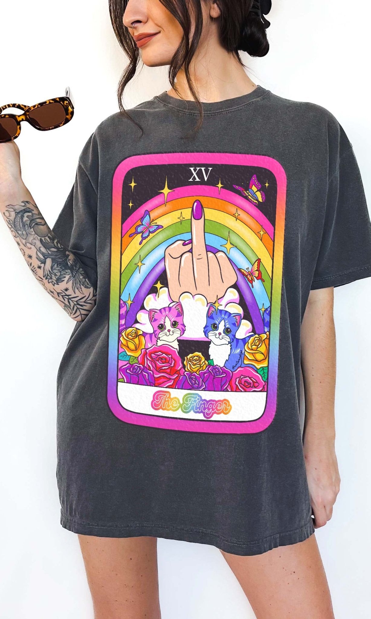 Funny tarot card t-shirt with rainbow design, cats, and middle finger illustration labeled The Finger