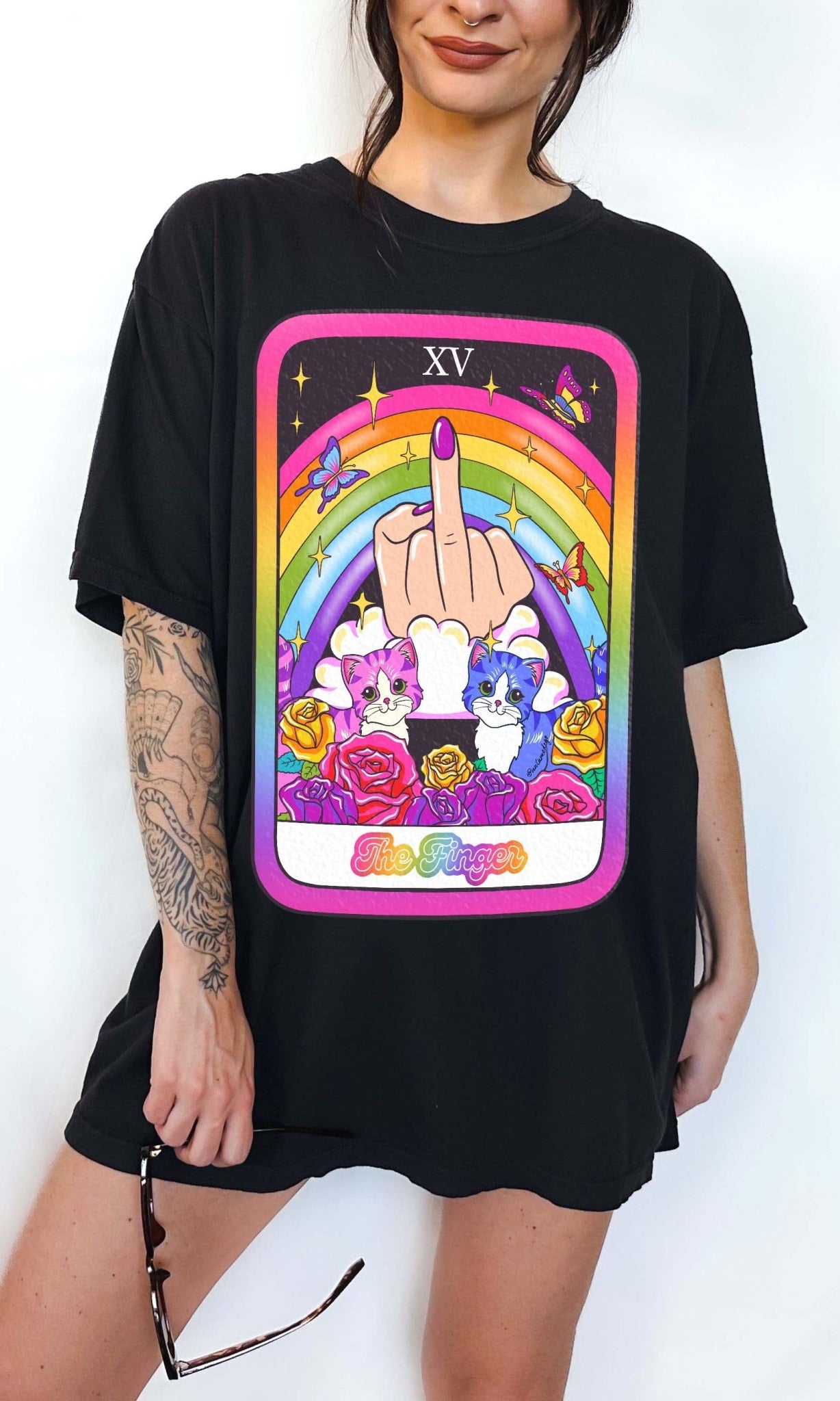 Funny tarot card t-shirt with rainbow design, cats, and middle finger illustration labeled The Finger