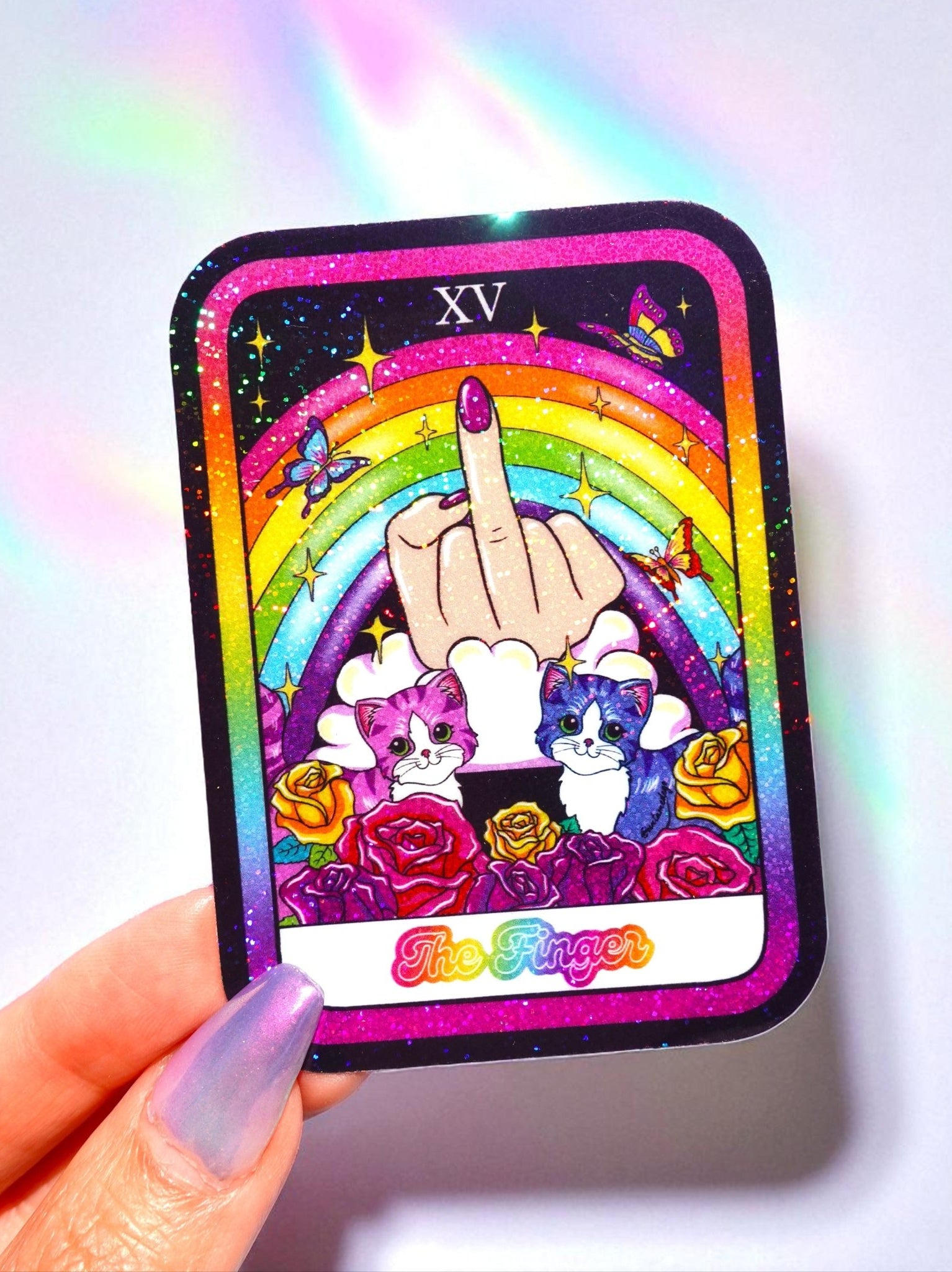 The Finger Tarot Card Sticker – Funny Rainbow Glitter Vinyl Sticker - UntamedEgo LLC.