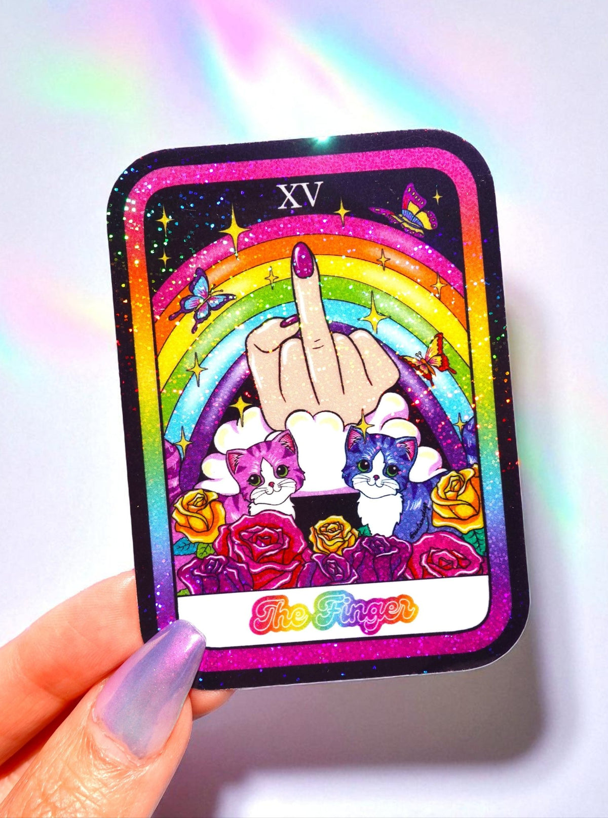 The Finger Tarot Card Sticker – Funny Rainbow Glitter Vinyl Sticker - UntamedEgo LLC.