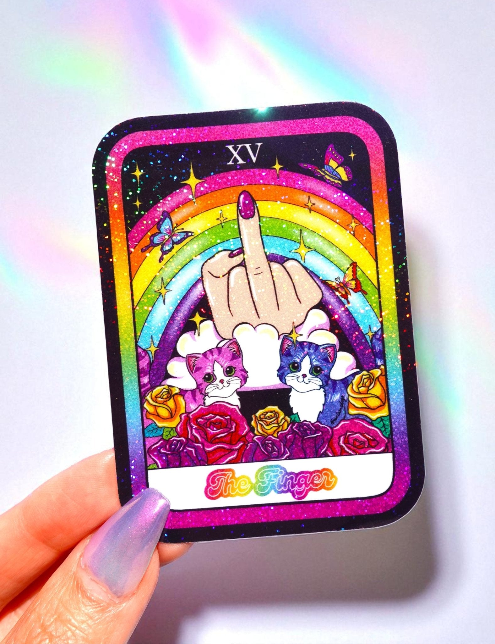 The Finger Tarot Card Sticker – Funny Rainbow Glitter Vinyl Sticker - UntamedEgo LLC.