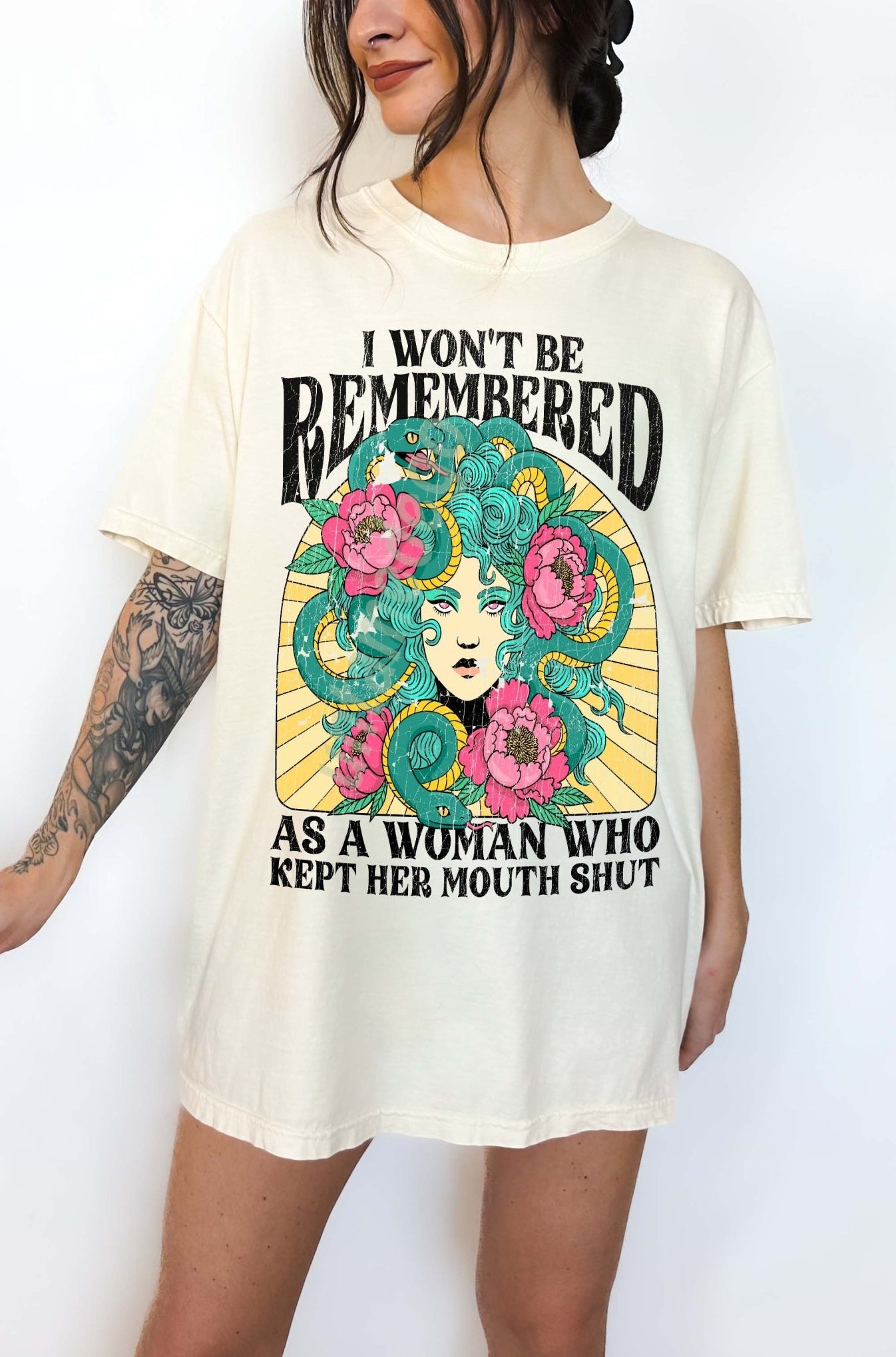 Women empowerment graphic t-shirt with Medusa design and bold feminist statement text