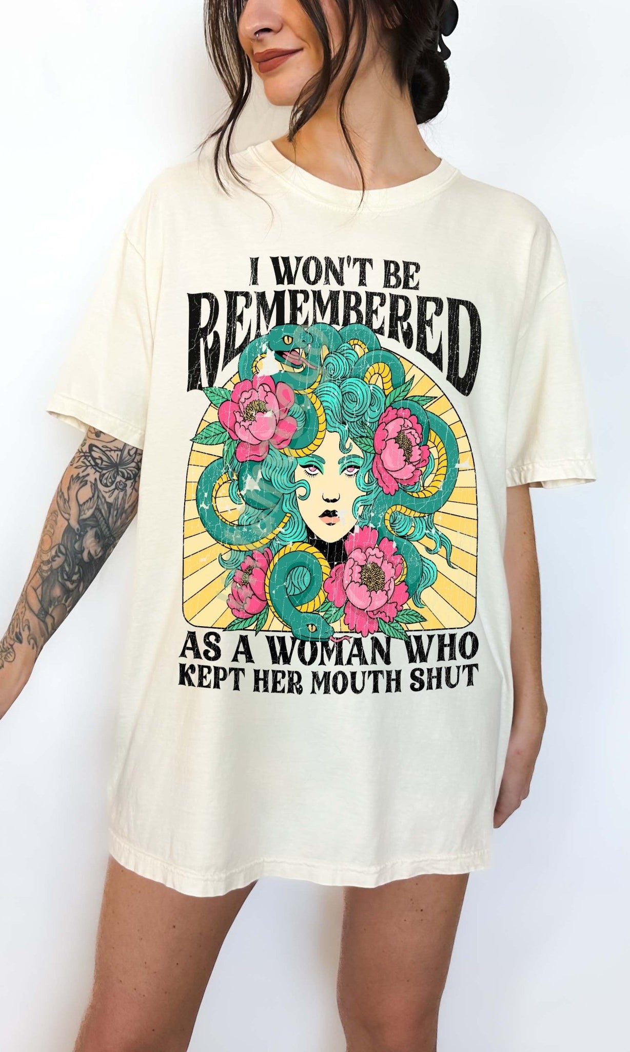 Women empowerment graphic t-shirt with Medusa design and bold feminist statement text