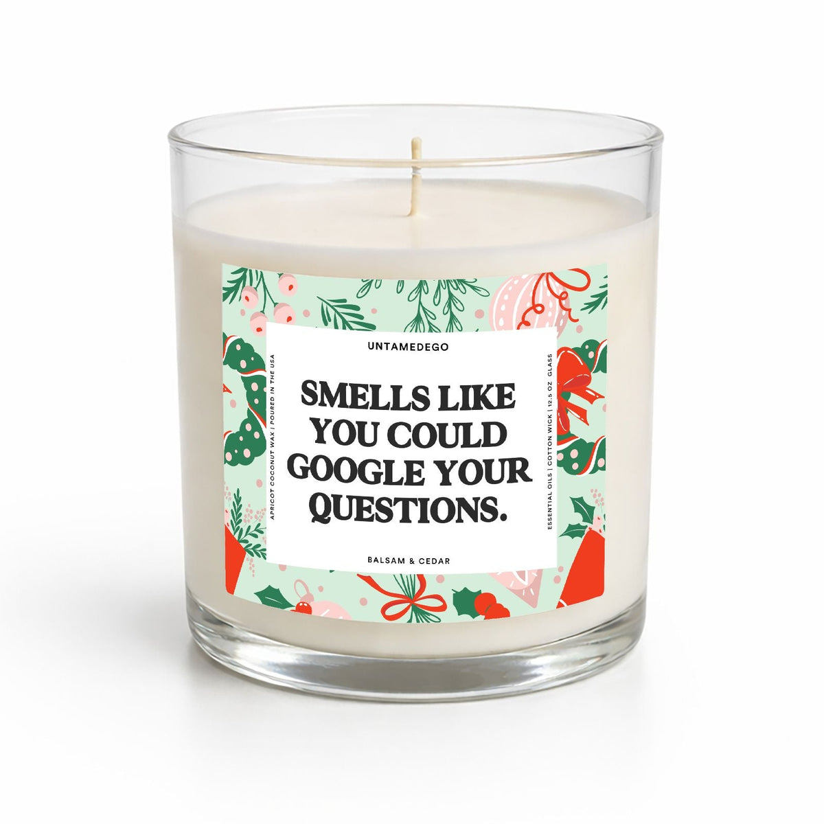 A clear glass jar candle with white wax and a printed front label reading 'SMELLS LIKE YOU COULD GOOGLE YOUR QUESTIONS.' The label has a white center with black text and a pastel holiday-themed border in mint green, coral, and pink.