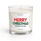 A clear glass jar candle with white wax and a single wick, featuring a white label with 'MERRY CHRISTMAS' in red and green text and smaller black text reading 'PLEASE REPLY TO MY EMAIL' and 'BALSAM & CEDAR'.