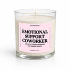 A clear glass jar candle with cream-colored wax and a light pink label reading 'EMOTIONAL SUPPORT COWORKER' by Untamedego, shown on a clean white background.
