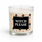 A clear glass jar candle with white wax and a printed label reading 'WITCH PLEASE' on a peach background with cartoon cats, witches, and small purple butterflies. The candle is photographed on a clean white background.