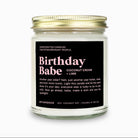 Candle jar labeled 'Birthday Babe' on a white background