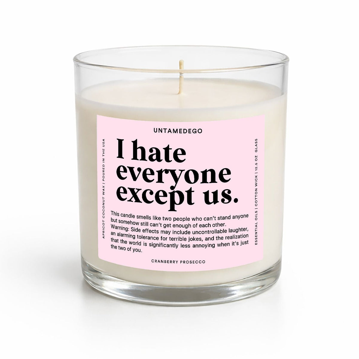 A clear glass jar candle with white wax and a pink label reading 'I hate everyone except us.' by UNTAMEDEGO, shown on a clean white background.
