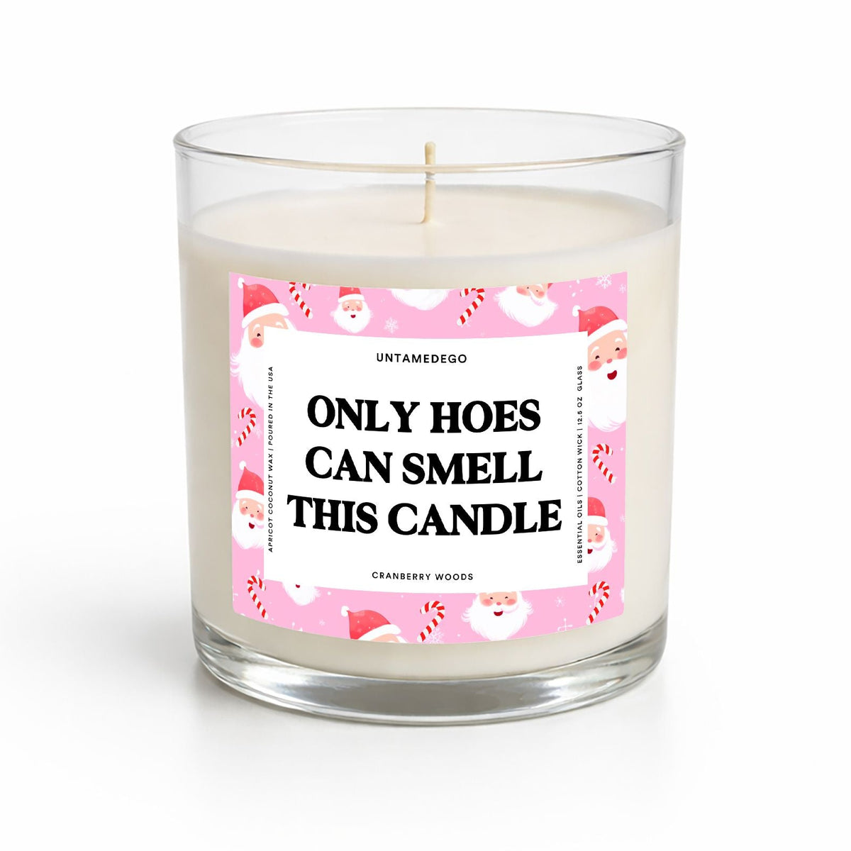 A clear glass jar candle with white wax and a humorous pink Christmas-themed label that reads 'ONLY HOES CAN SMELL THIS CANDLE' in bold black text. The candle is photographed on a clean white background with a soft shadow.