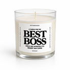 A clear glass jar candle with cream-colored wax and a white label reading 'BEST BOSS' in bold black text, photographed on a clean white background.