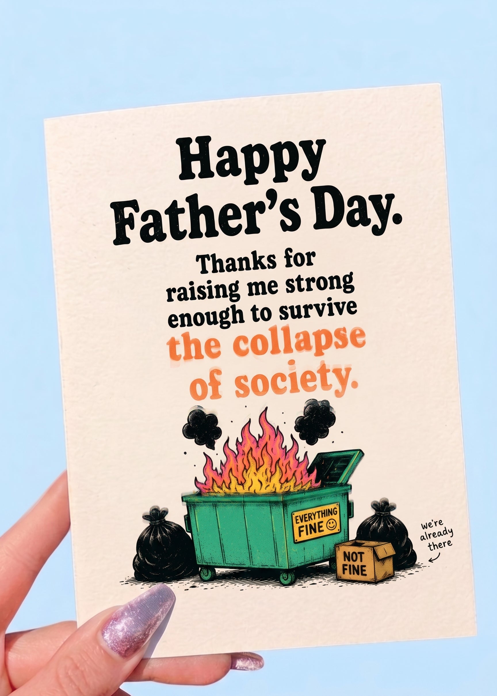 Father's Day card with a cartoon trash bin and text on a blue background
