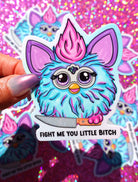 Sticker of a colorful character with a knife and text on a glittery pink background