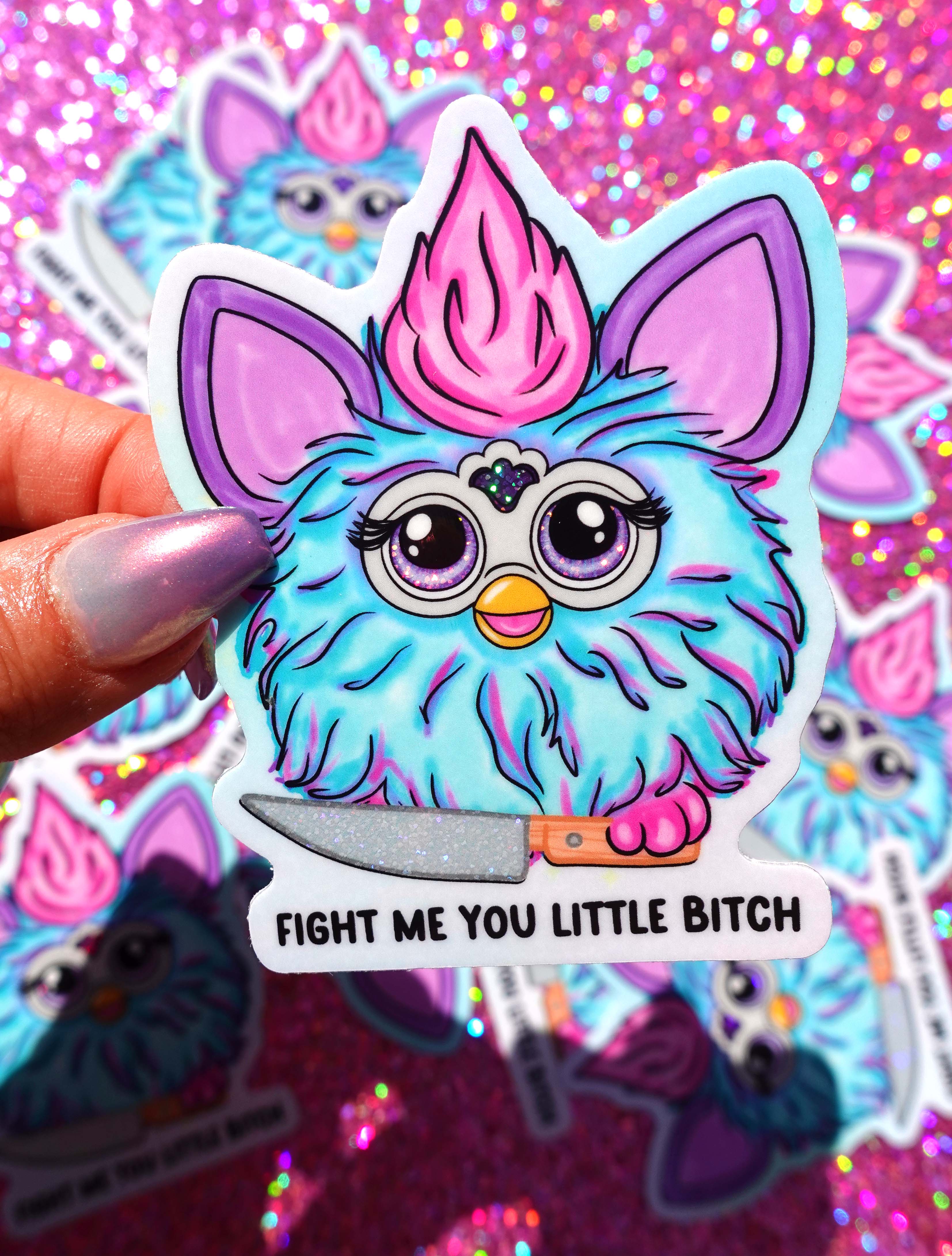 Sticker of a colorful character with a knife and text on a glittery pink background